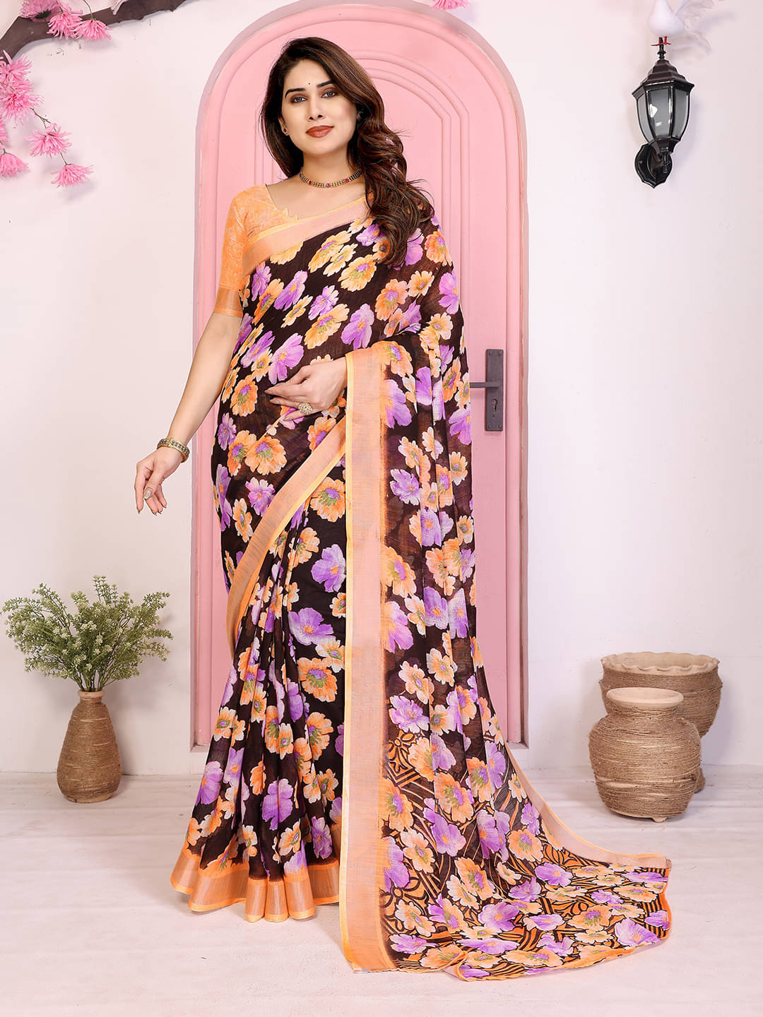 ANAND SAREES Linen Printed Ilkal Saree With Unstitched Blouse Piece ( Brown ) ANAND SAREES Linen Printed Ilkal Saree With Unstitched Blouse Piece ( Brown )