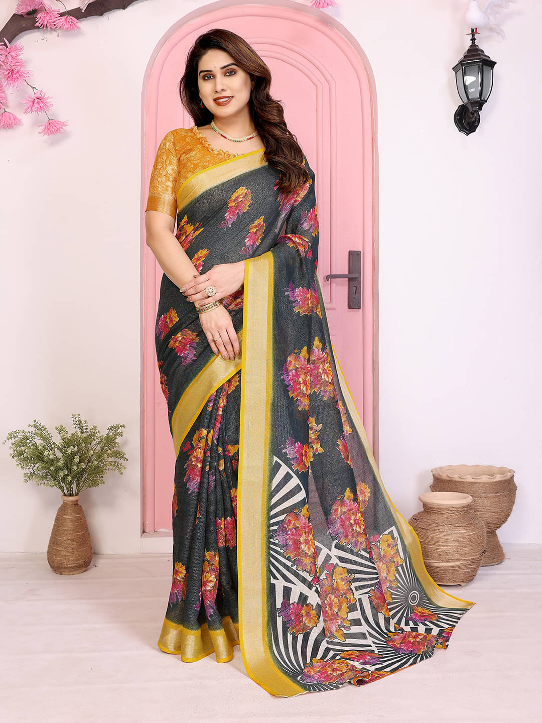     			ANAND SAREES Linen Printed Ilkal Saree With Unstitched Blouse Piece ( Yellow )