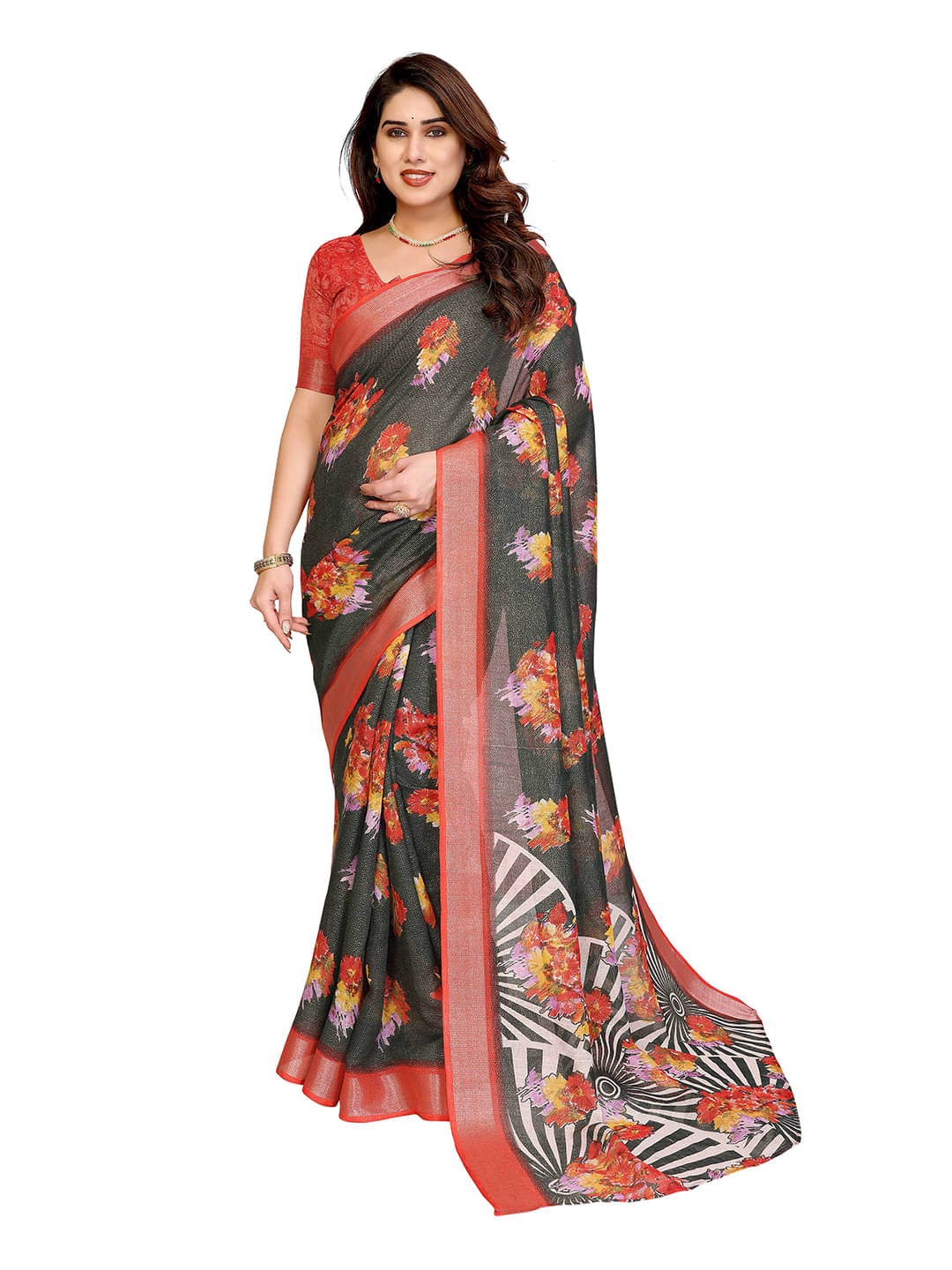 ANAND SAREES Linen Printed Ilkal Saree With Unstitched Blouse Piece ( Red ) ANAND SAREES Linen Printed Ilkal Saree With Unstitched Blouse Piece ( Red )