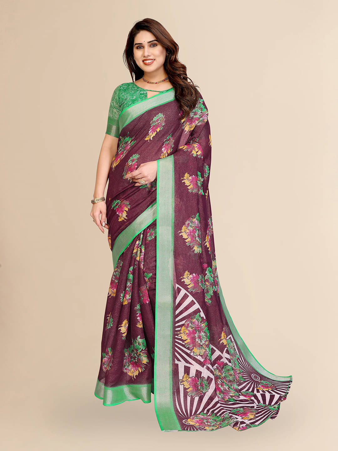 ANAND SAREES Linen Printed Ilkal Saree With Unstitched Blouse Piece ( Green ) ANAND SAREES Linen Printed Ilkal Saree With Unstitched Blouse Piece ( Green )