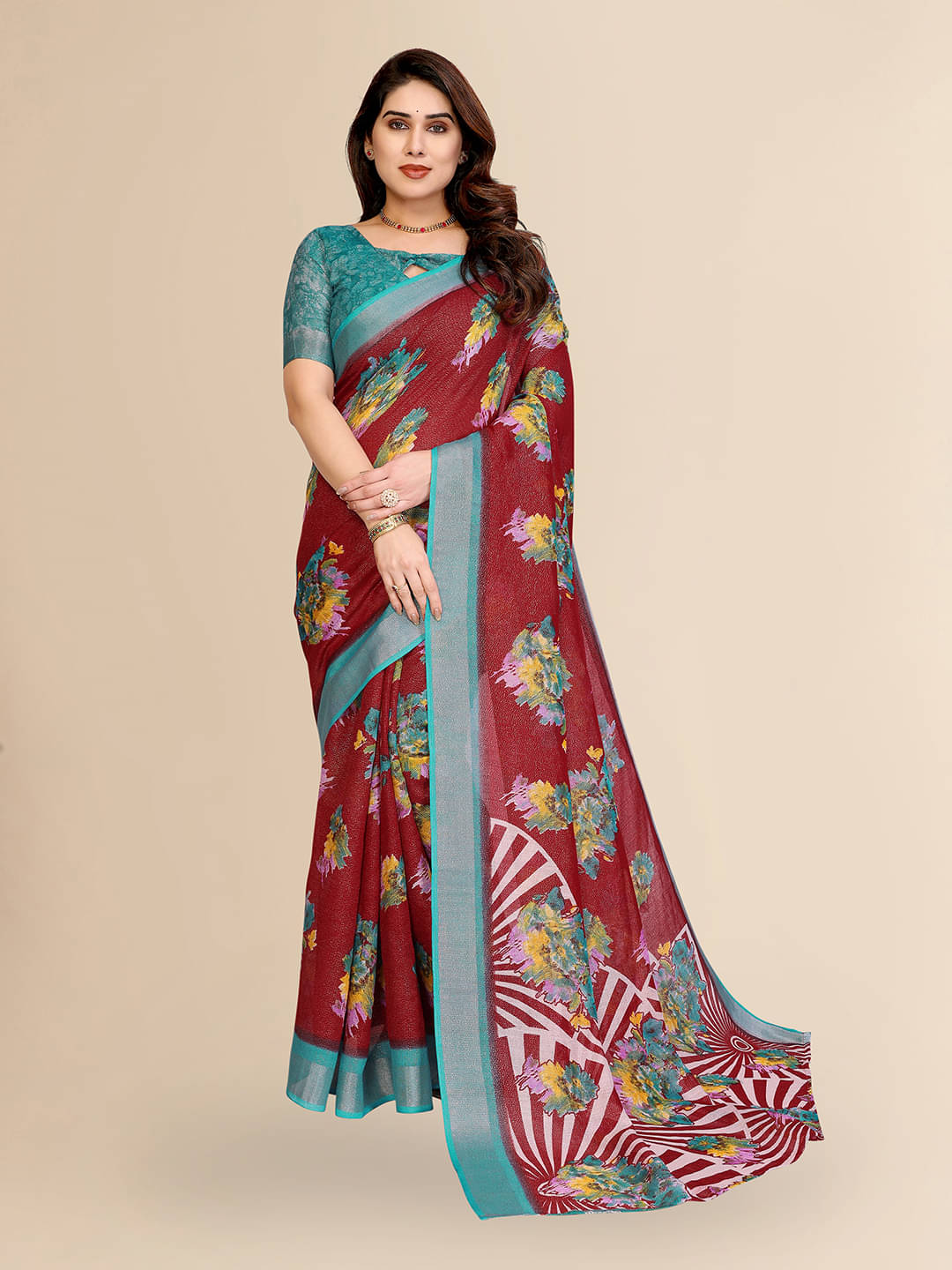 ANAND SAREES Linen Printed Ilkal Saree With Unstitched Blouse Piece ( Rama ) ANAND SAREES Linen Printed Ilkal Saree With Unstitched Blouse Piece ( Rama )