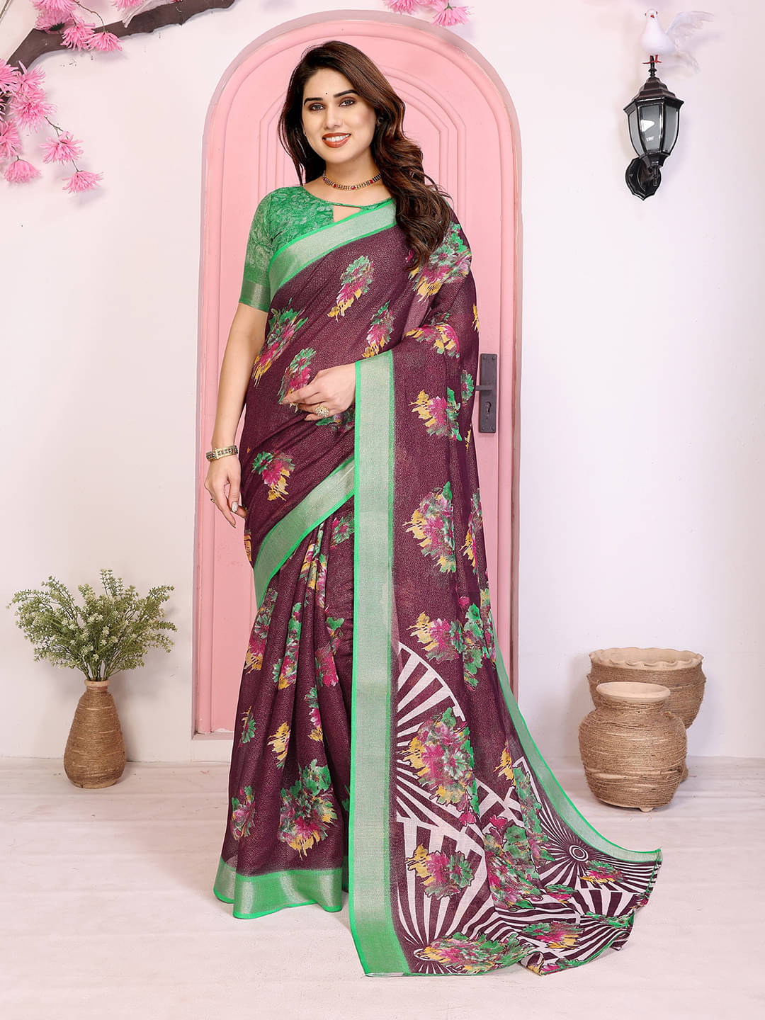 ANAND SAREES Linen Printed Ilkal Saree With Unstitched Blouse Piece ( Green ) ANAND SAREES Linen Printed Ilkal Saree With Unstitched Blouse Piece ( Green )