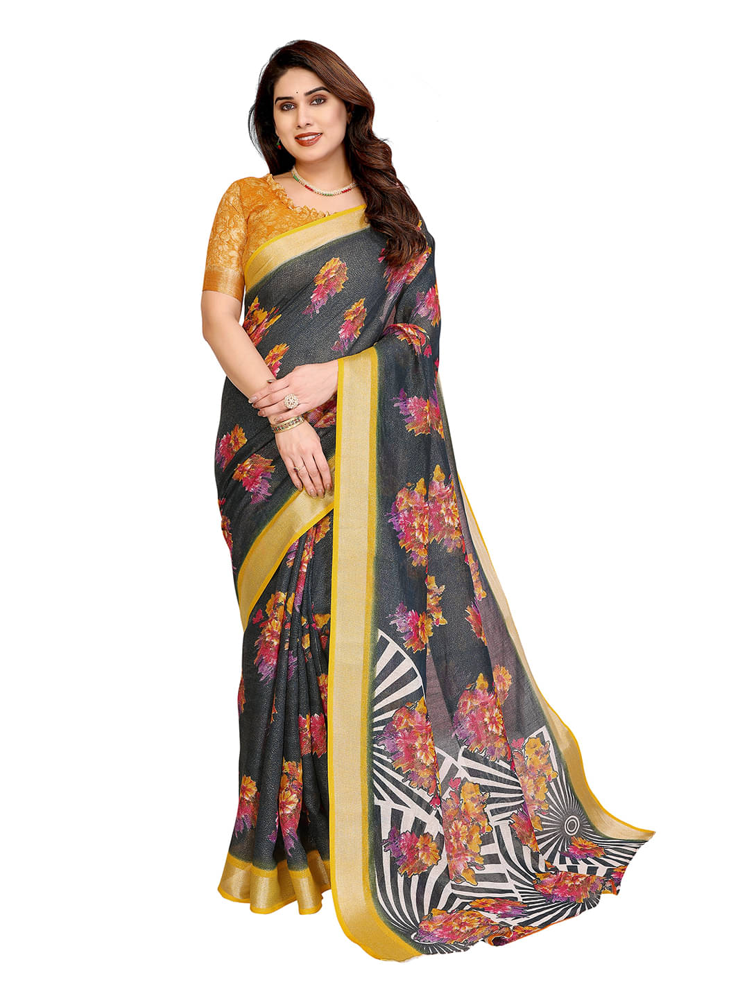     			ANAND SAREES Linen Printed Ilkal Saree With Unstitched Blouse Piece ( Yellow )