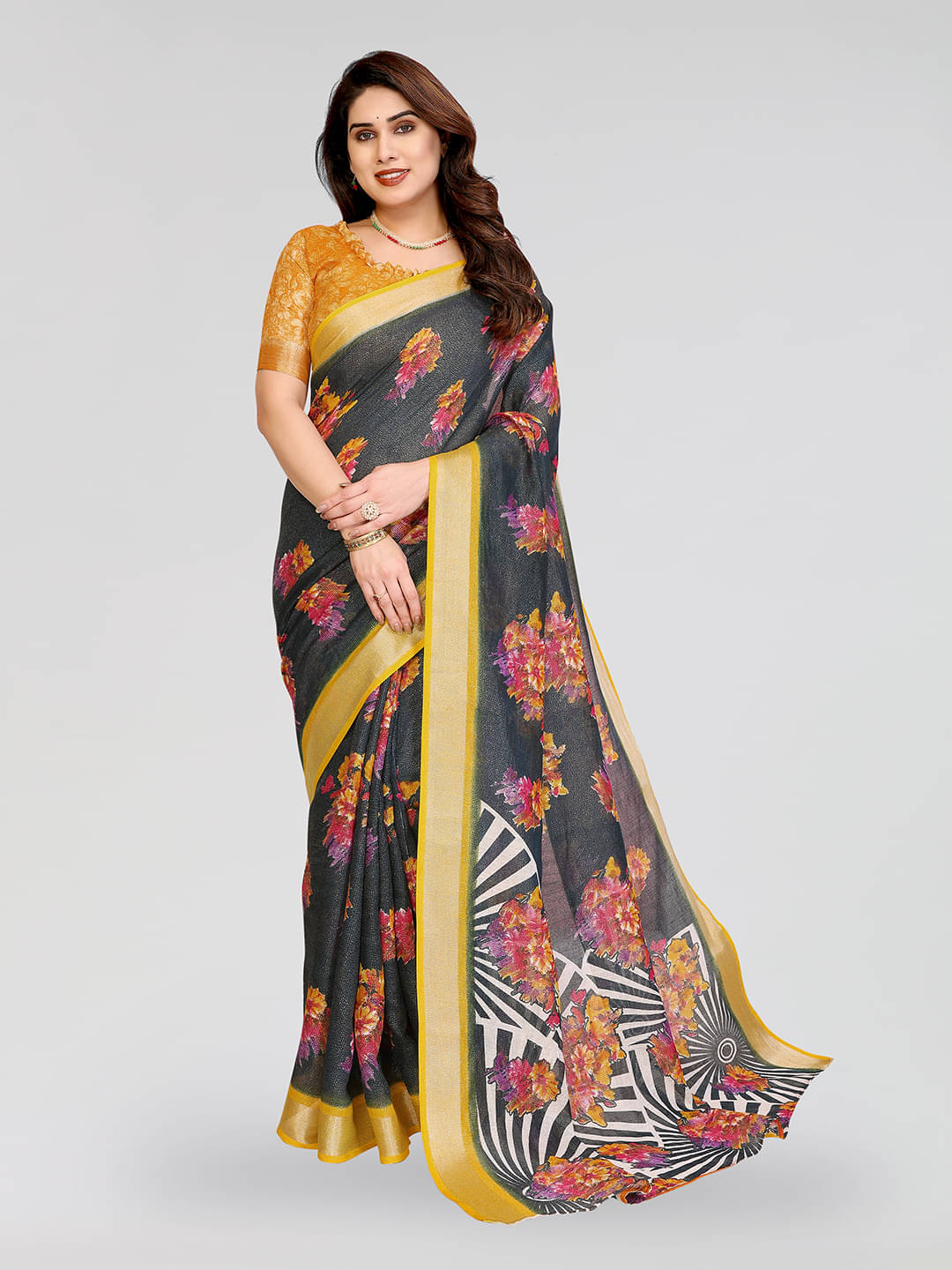     			ANAND SAREES Linen Printed Ilkal Saree With Unstitched Blouse Piece ( Yellow )