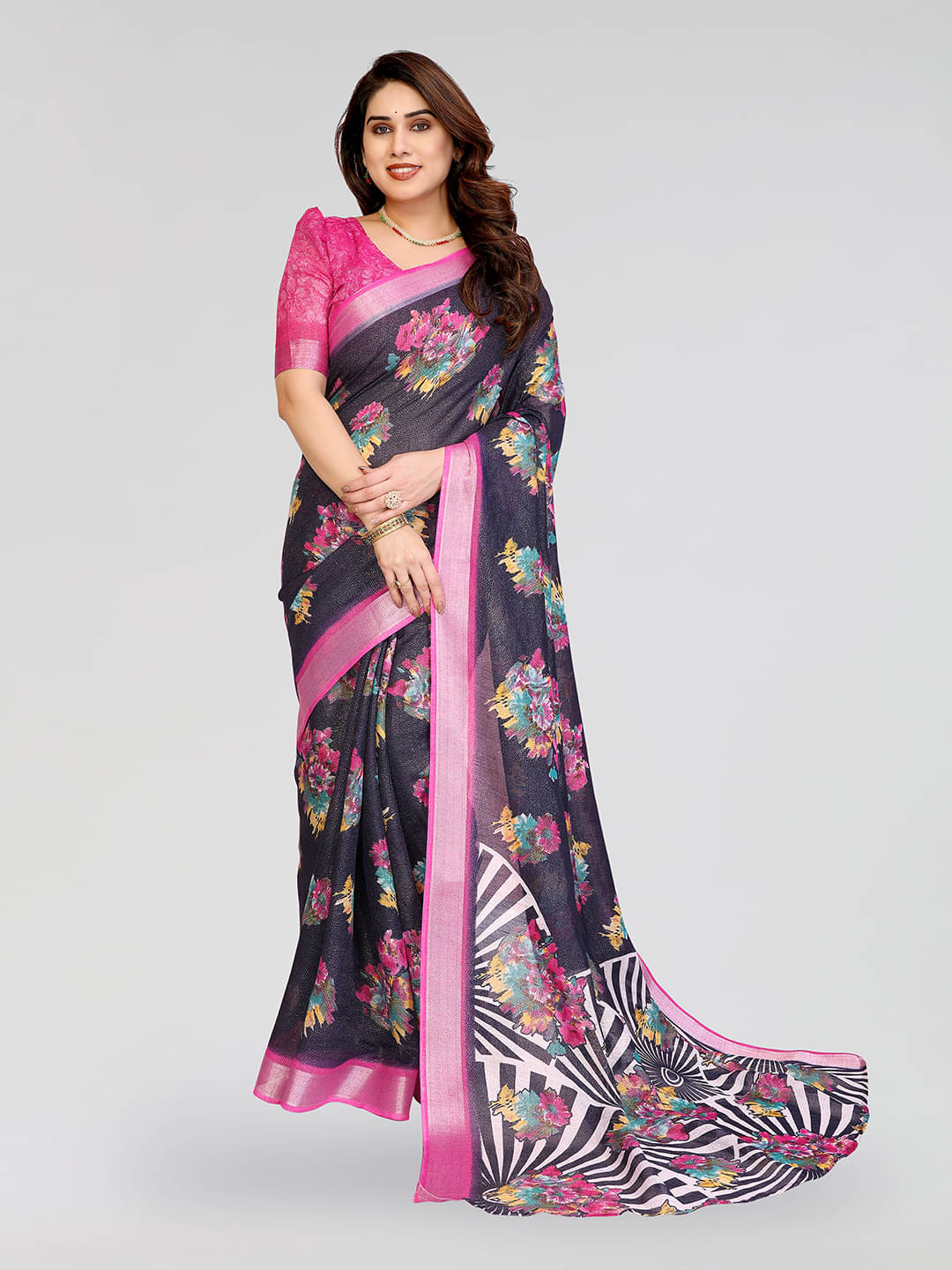     			ANAND SAREES Linen Printed Ilkal Saree With Unstitched Blouse Piece ( Pink )