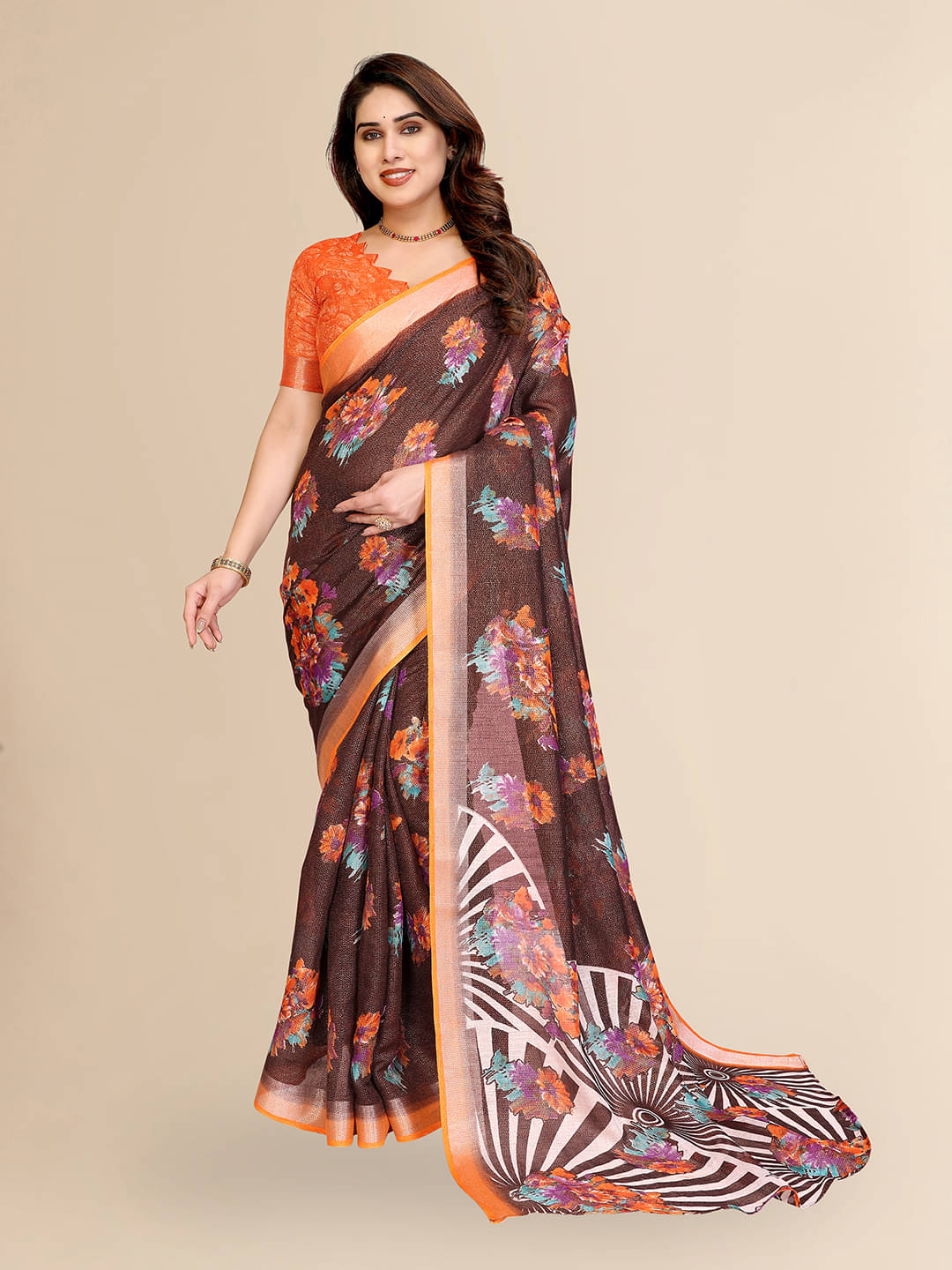     			ANAND SAREES Linen Printed Ilkal Saree With Unstitched Blouse Piece ( Orange )