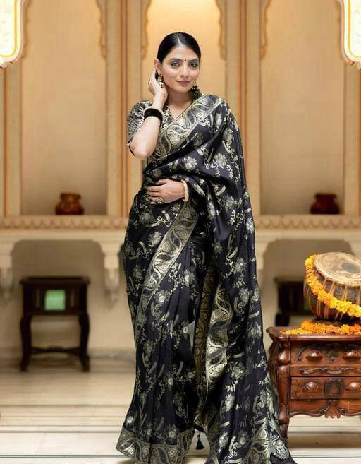     			Bansari Textile Art Silk Embellished Kanjeevaram Sarees With Unstitched Blouse Piece ( Black )