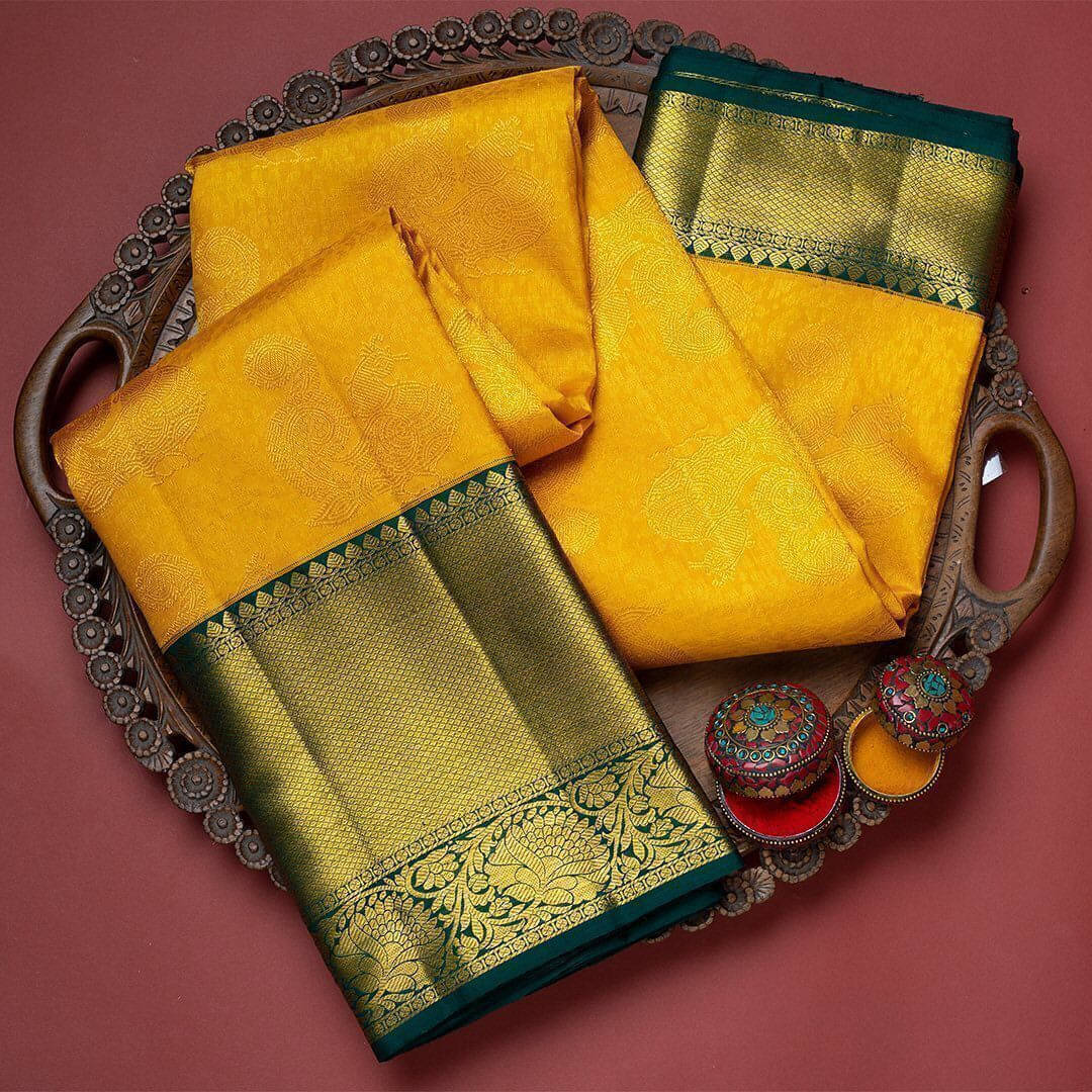 Bansari Textile Art Silk Embellished Kanjeevaram Sarees With Unstitched Blouse Piece ( Yellow ) Bansari Textile Art Silk Embellished Kanjeevaram Sarees With Unstitched Blouse Piece ( Yellow )