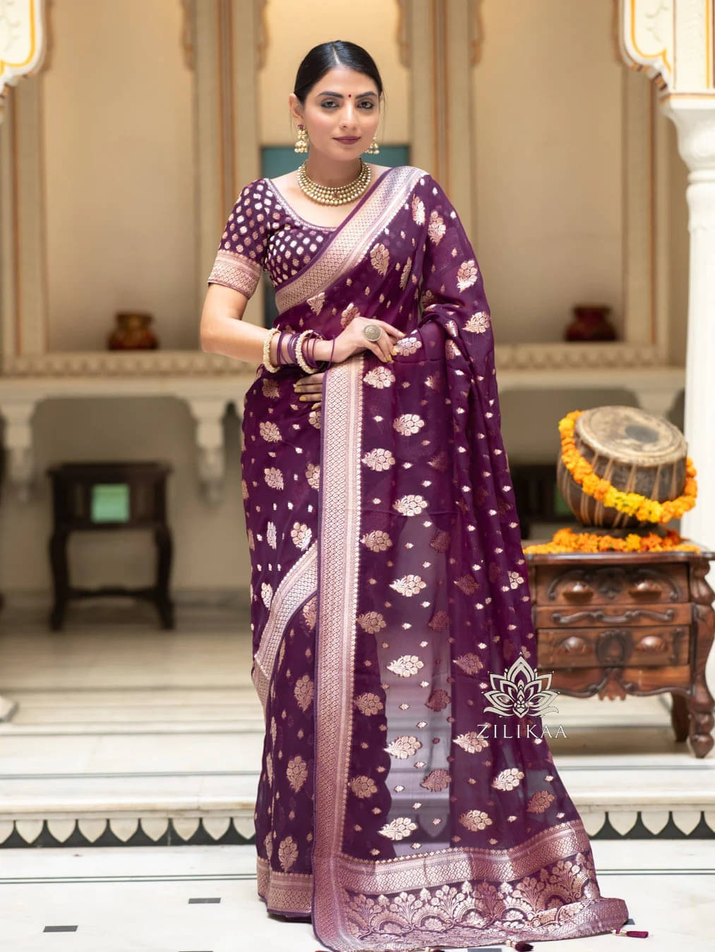     			Bansari Textile Art Silk Embellished Banarasi saree With Unstitched Blouse Piece ( Purple )