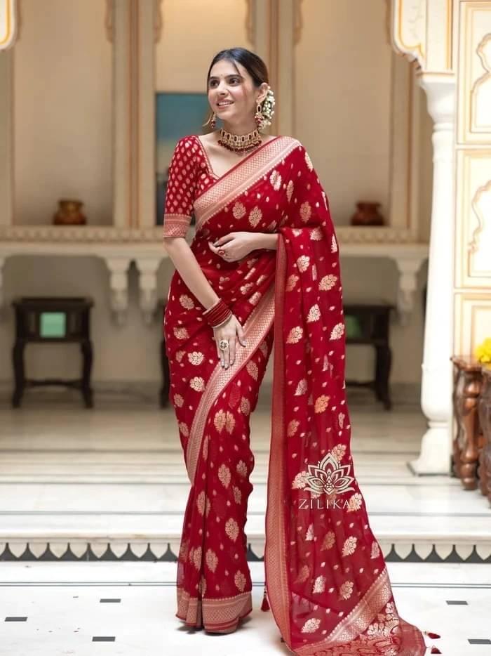     			Bansari Textile Art Silk Embellished Banarasi saree With Unstitched Blouse Piece ( Red )