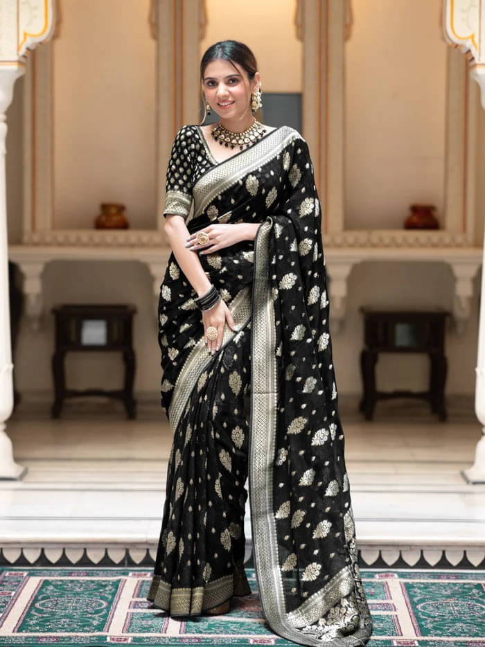     			Bansari Textile Art Silk Embellished Banarasi saree With Unstitched Blouse Piece ( Black )