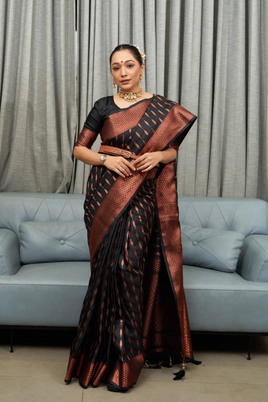     			Bansari Textile Art Silk Embellished Kanjeevaram Sarees With Unstitched Blouse Piece ( Black )