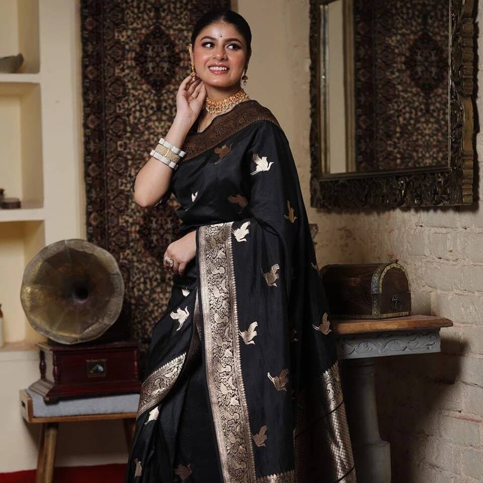     			Bansari Textile Art Silk Printed Kanjeevaram Sarees With Unstitched Blouse Piece ( Black )