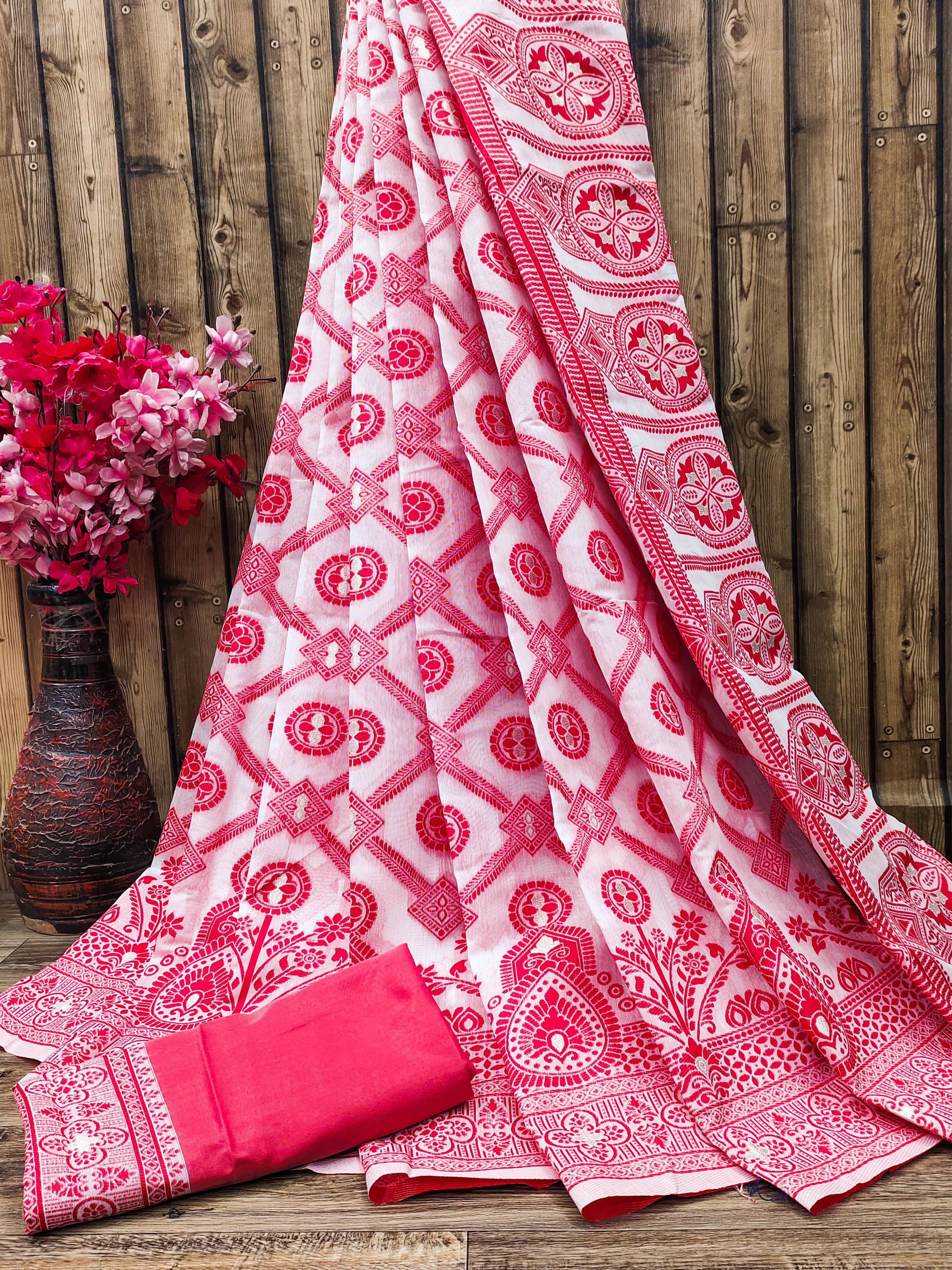     			Bansari Textile Art Silk Printed Jamdani Saree With Unstitched Blouse Piece ( Red )