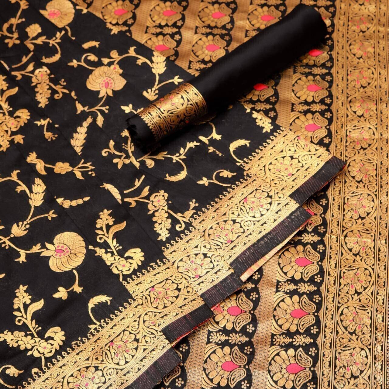     			Bansari Textile Art Silk Printed Kanjeevaram Sarees With Unstitched Blouse Piece ( Black )
