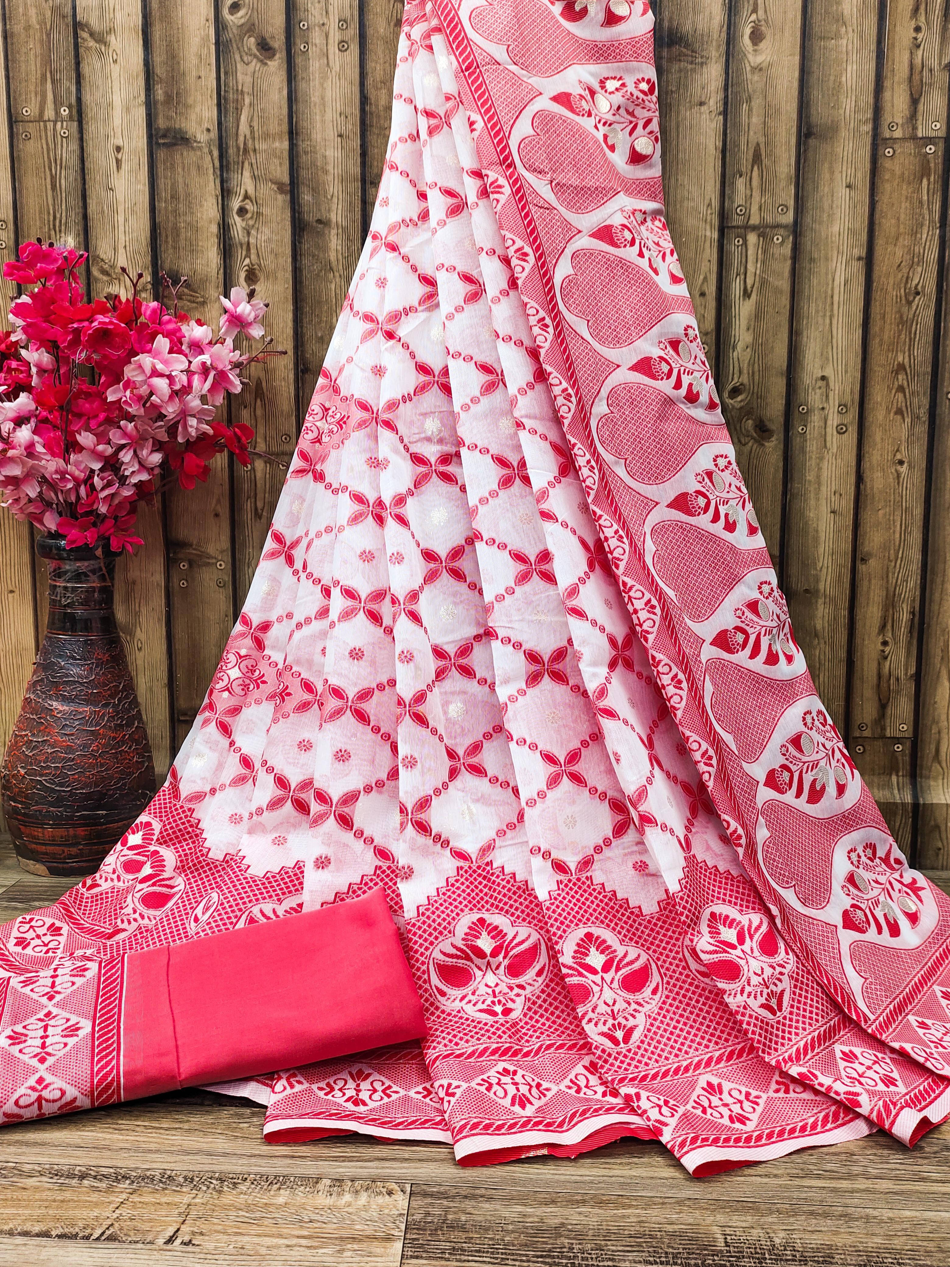     			Bansari Textile Art Silk Printed Jamdani Saree With Unstitched Blouse Piece ( Red )