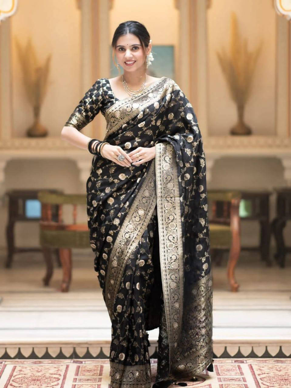 Bansari Textile Art Silk Printed Kanjeevaram Sarees With Unstitched Blouse Piece ( Black ) Bansari Textile Art Silk Printed Kanjeevaram Sarees With Unstitched Blouse Piece ( Black )