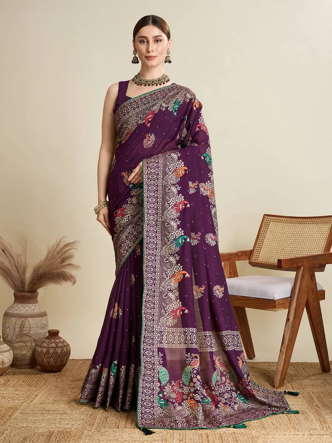 Bansari Textile Art Silk Printed Banarasi saree With Unstitched Blouse Piece ( Purple )     			Bansari Textile Art Silk Printed Banarasi saree With Unstitched Blouse Piece ( Purple )