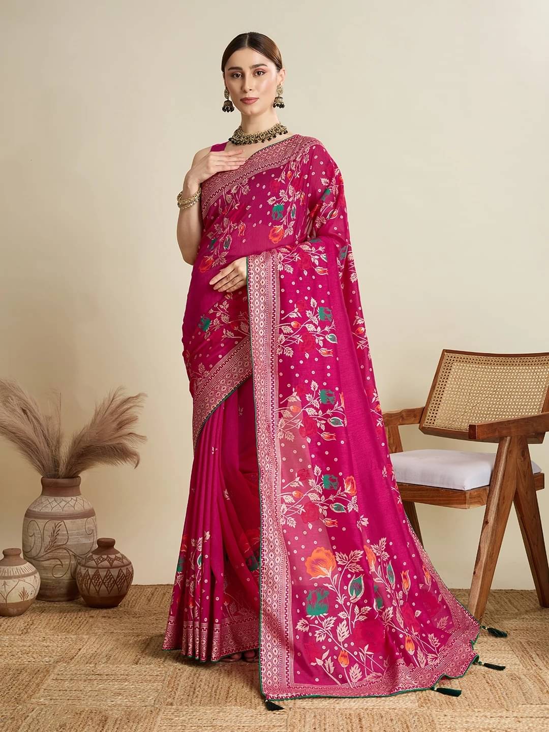     			Bansari Textile Art Silk Printed Banarasi saree With Unstitched Blouse Piece ( Pink )