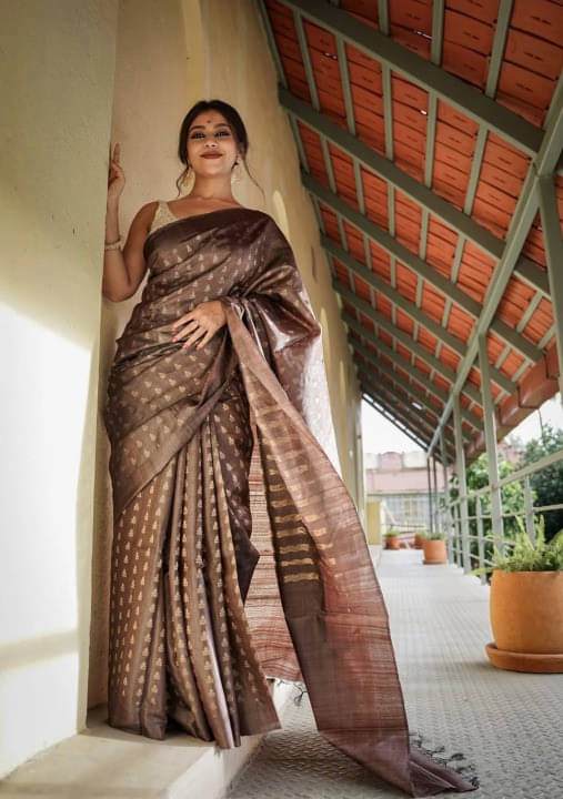 Bansari Textile Art Silk Printed Banarasi saree With Unstitched Blouse Piece ( Brown ) Bansari Textile Art Silk Printed Banarasi saree With Unstitched Blouse Piece ( Brown )
