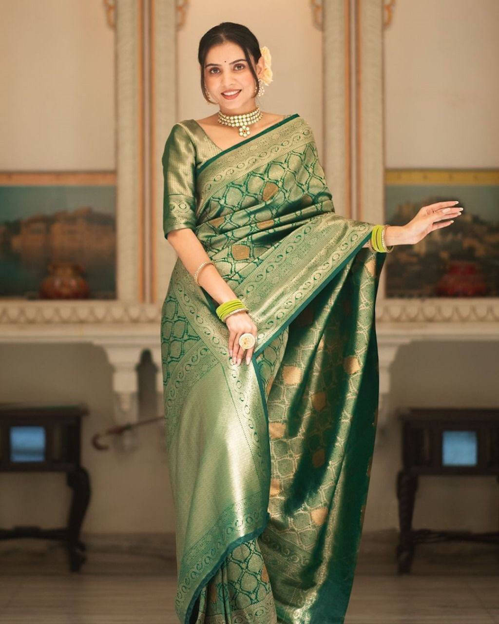 Bansari Textile Art Silk Printed Banarasi saree With Unstitched Blouse Piece ( Green ) Bansari Textile Art Silk Printed Banarasi saree With Unstitched Blouse Piece ( Green )