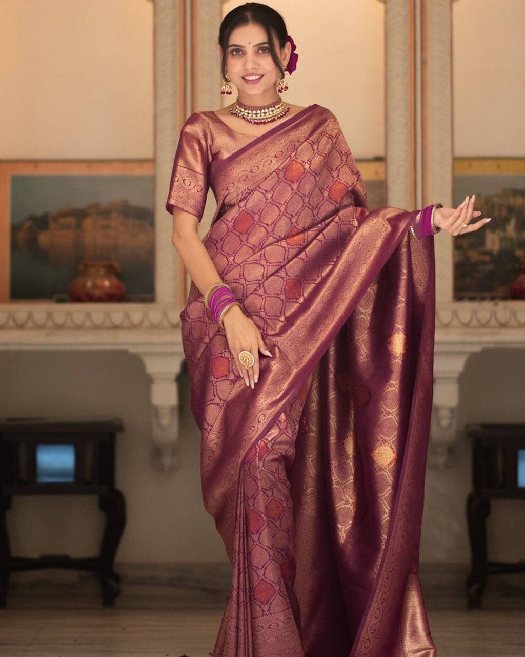 Bansari Textile Art Silk Printed Banarasi saree With Unstitched Blouse Piece ( Purple ) Bansari Textile Art Silk Printed Banarasi saree With Unstitched Blouse Piece ( Purple )