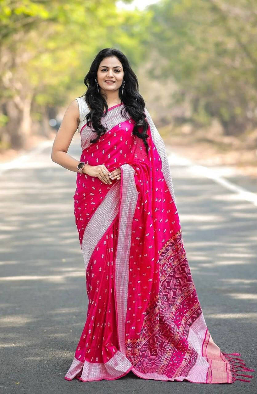     			Bansari Textile Art Silk Printed Banarasi saree With Unstitched Blouse Piece ( Pink )