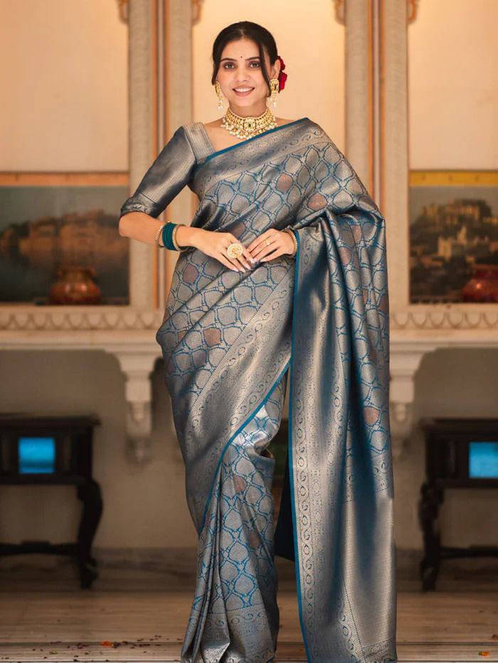     			Bansari Textile Art Silk Printed Banarasi saree With Unstitched Blouse Piece ( Light Blue )
