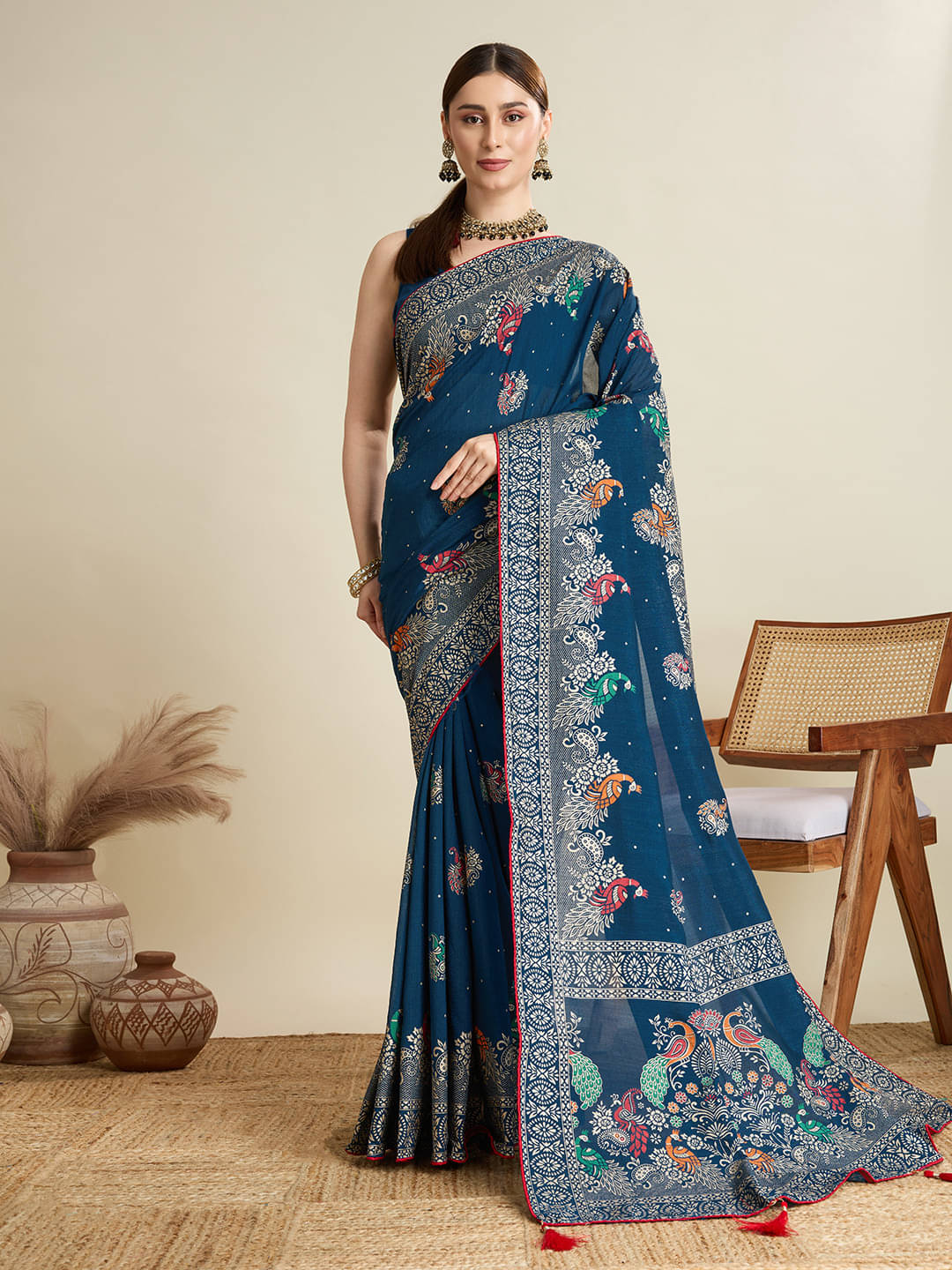     			Bansari Textile Art Silk Printed Banarasi saree With Unstitched Blouse Piece ( Blue )