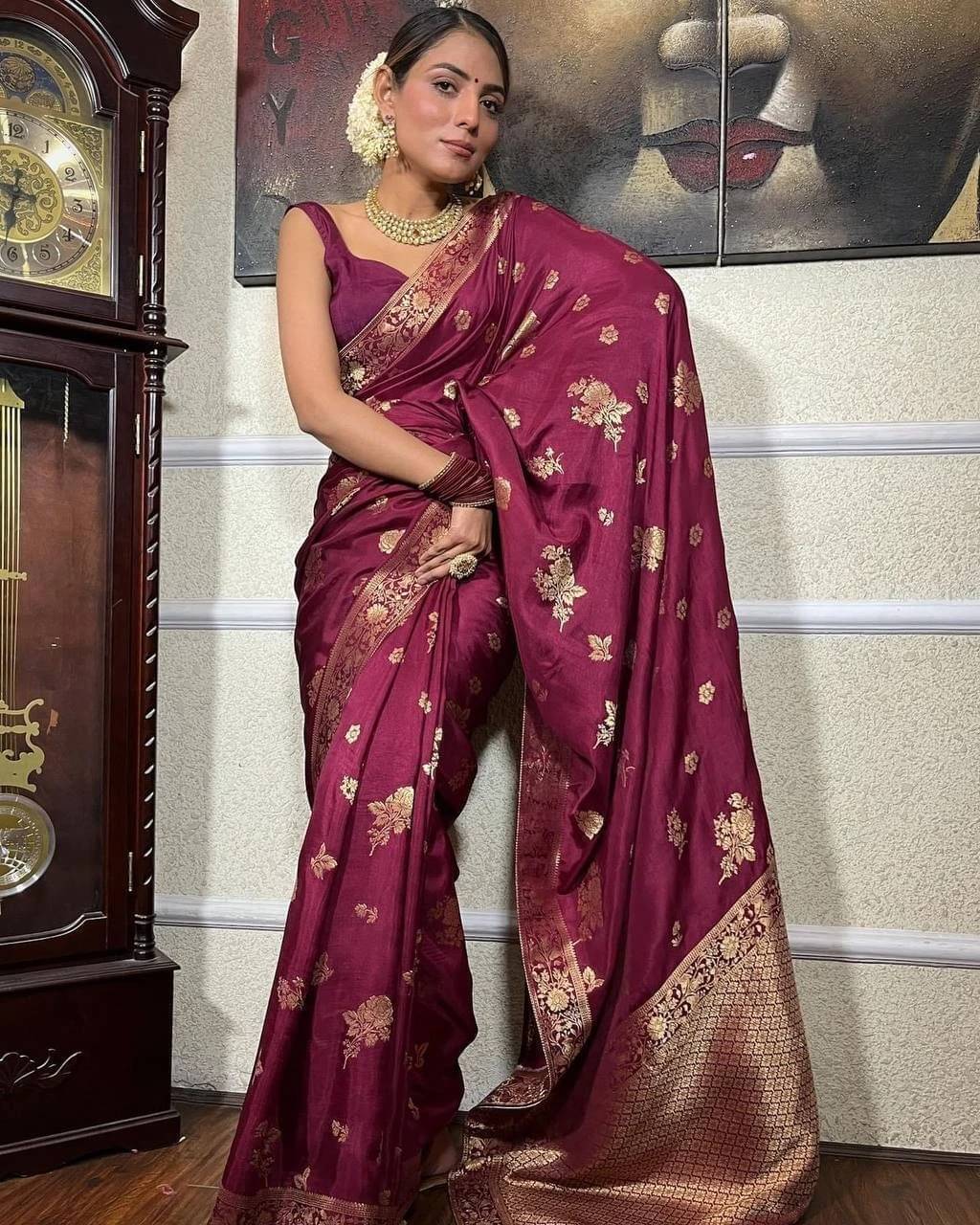 Bansari Textile Art Silk Self Design Kanjeevaram Sarees With Unstitched Blouse Piece ( Purple ) Bansari Textile Art Silk Self Design Kanjeevaram Sarees With Unstitched Blouse Piece ( Purple )