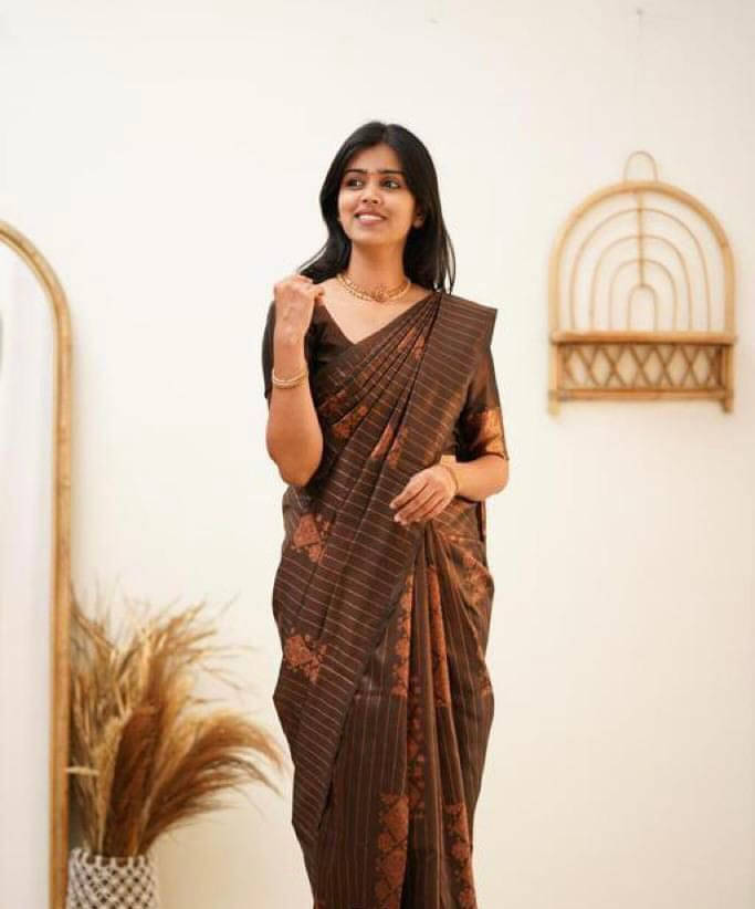     			Bansari Textile Art Silk Striped Banarasi saree With Unstitched Blouse Piece ( Brown )