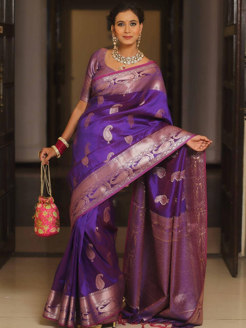 Bansari Textile Art Silk Woven Banarasi saree With Unstitched Blouse Piece ( Purple ) Bansari Textile Art Silk Woven Banarasi saree With Unstitched Blouse Piece ( Purple )