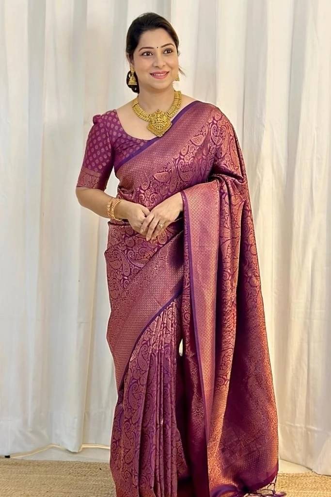 Bansari Textile Art Silk Woven Kanjeevaram Sarees With Unstitched Blouse Piece ( Purple ) Bansari Textile Art Silk Woven Kanjeevaram Sarees With Unstitched Blouse Piece ( Purple )