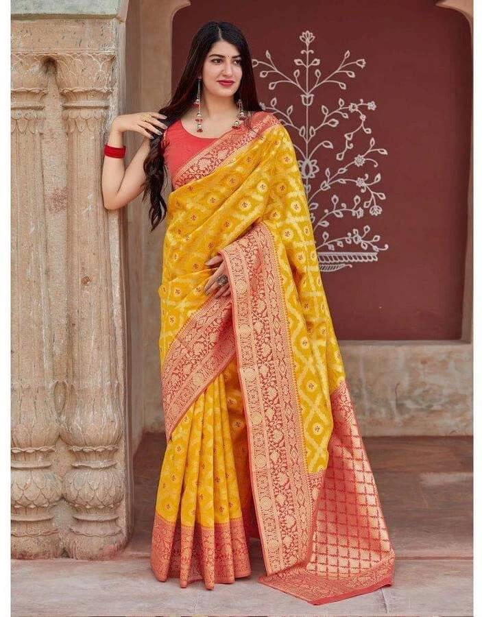 Bansari Textile Art Silk Woven Banarasi saree With Unstitched Blouse Piece ( Yellow ) Bansari Textile Art Silk Woven Banarasi saree With Unstitched Blouse Piece ( Yellow )