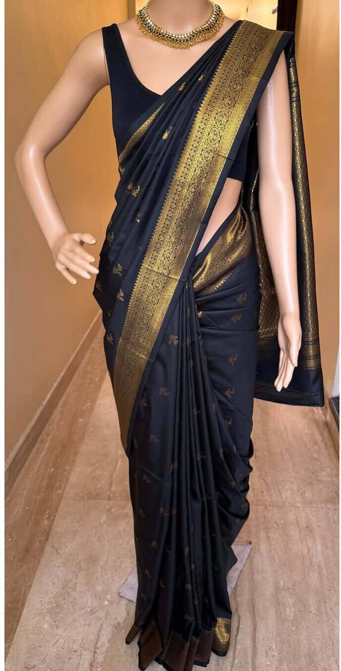    			Bansari Textile Art Silk Woven Banarasi saree With Unstitched Blouse Piece ( Black )