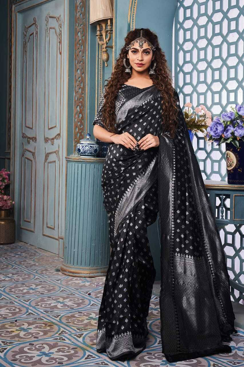     			Bansari Textile Art Silk Woven Banarasi saree With Unstitched Blouse Piece ( Black )