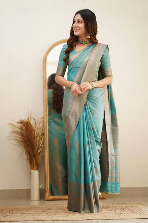     			Bansari Textile Art Silk Woven Kanjeevaram Sarees With Unstitched Blouse Piece ( Light Blue )