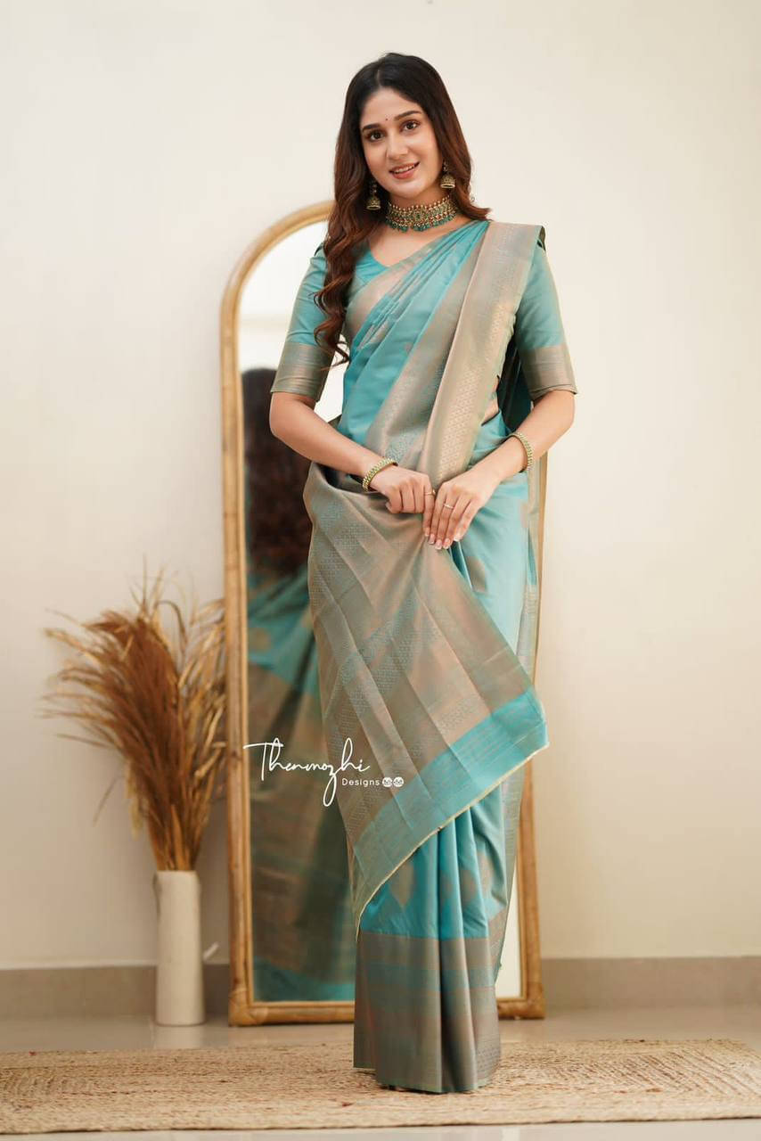     			Bansari Textile Art Silk Woven Banarasi saree With Unstitched Blouse Piece ( Light Blue )