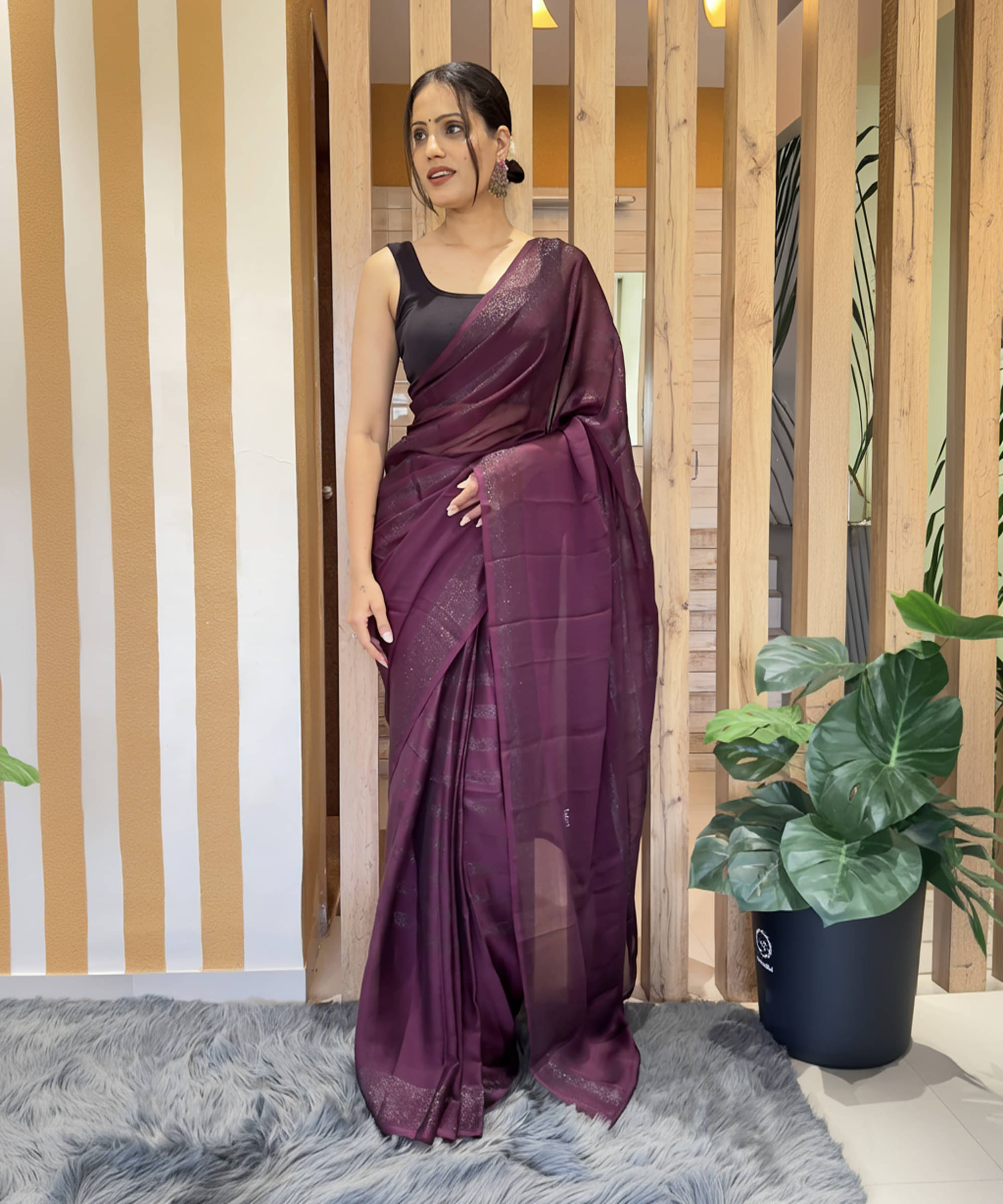     			Bansari Textile Chiffon Self Design Regular Saree With Unstitched Blouse Piece ( Purple )