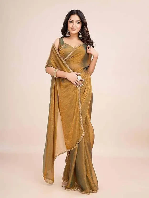     			Bansari Textile Chiffon Solid Regular Saree With Unstitched Blouse Piece ( Gold )