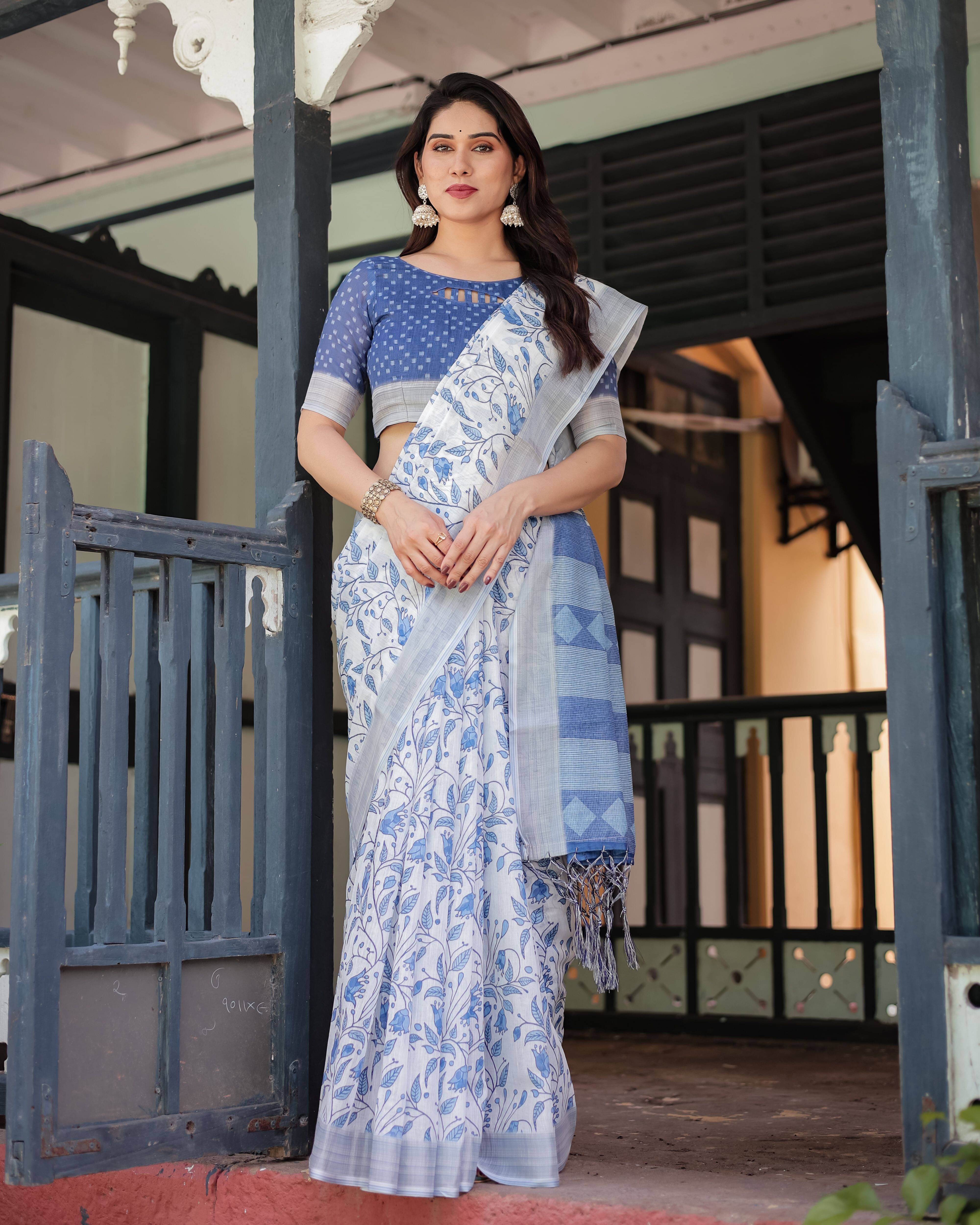 Bansari Textile Cotton Blend Printed Kanjeevaram Sarees With Unstitched Blouse Piece ( Blue ) Bansari Textile Cotton Blend Printed Kanjeevaram Sarees With Unstitched Blouse Piece ( Blue )