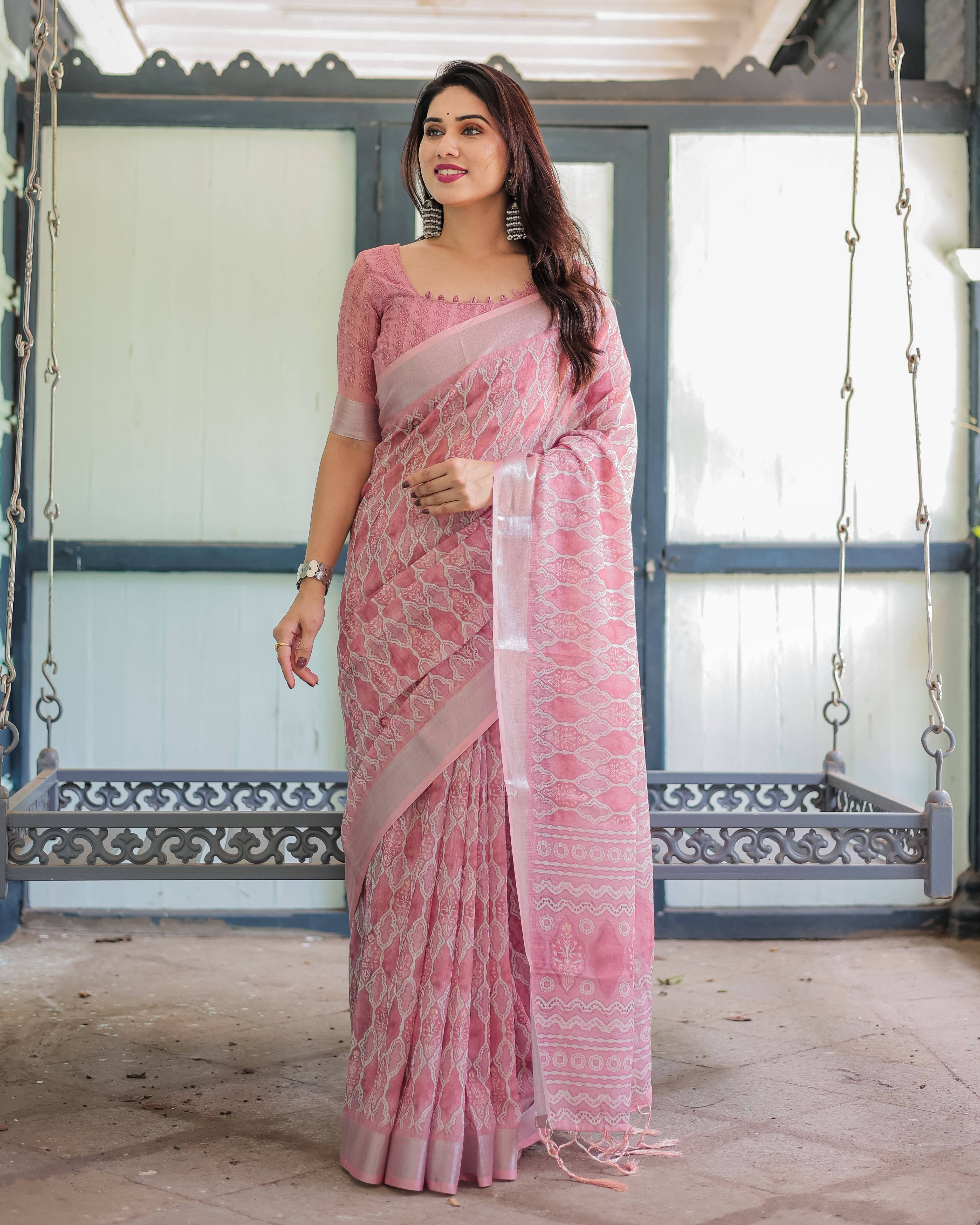     			Bansari Textile Cotton Blend Printed Kanjeevaram Sarees With Unstitched Blouse Piece ( Pink )
