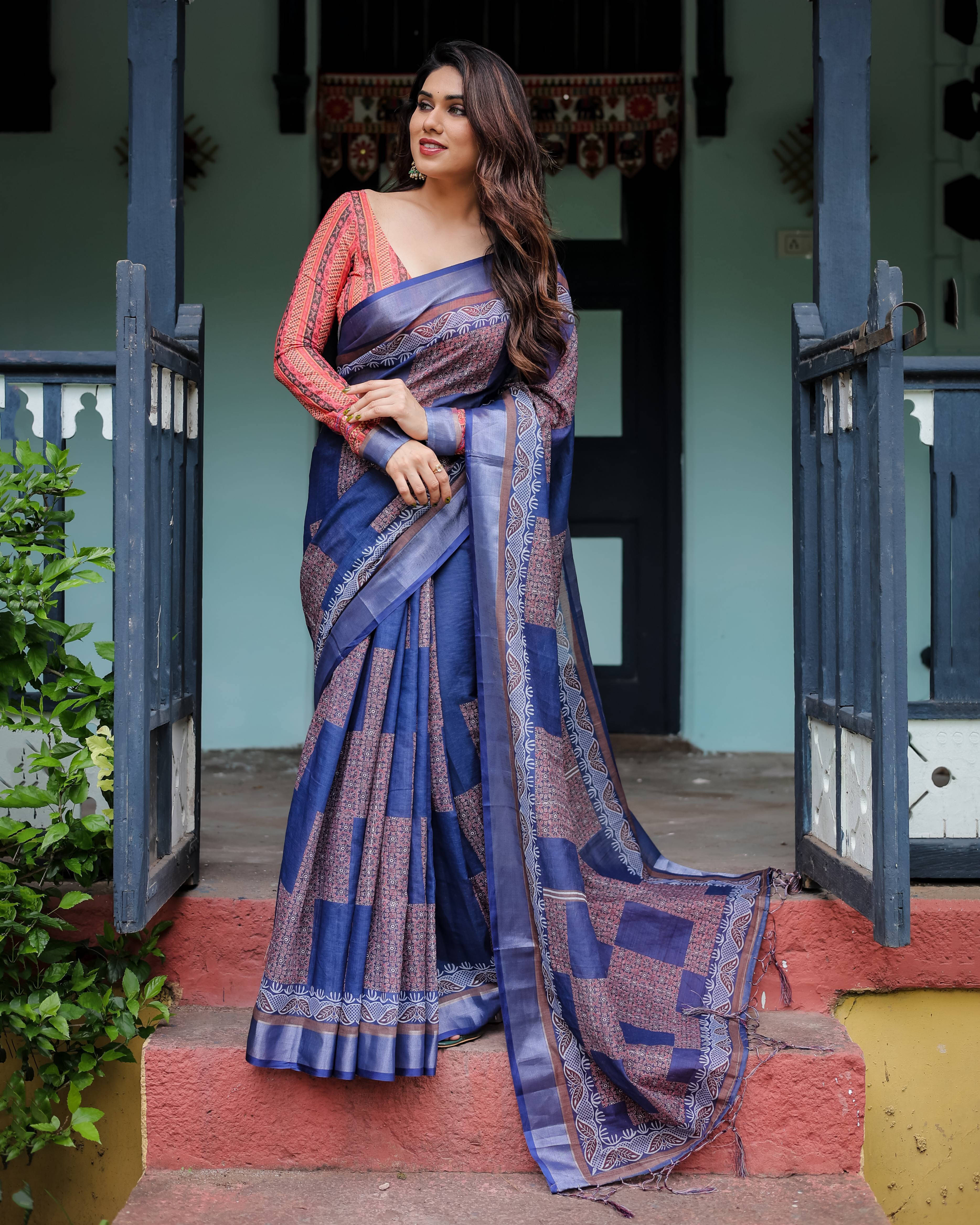     			Bansari Textile Cotton Blend Printed Kanjeevaram Sarees With Unstitched Blouse Piece ( Blue )
