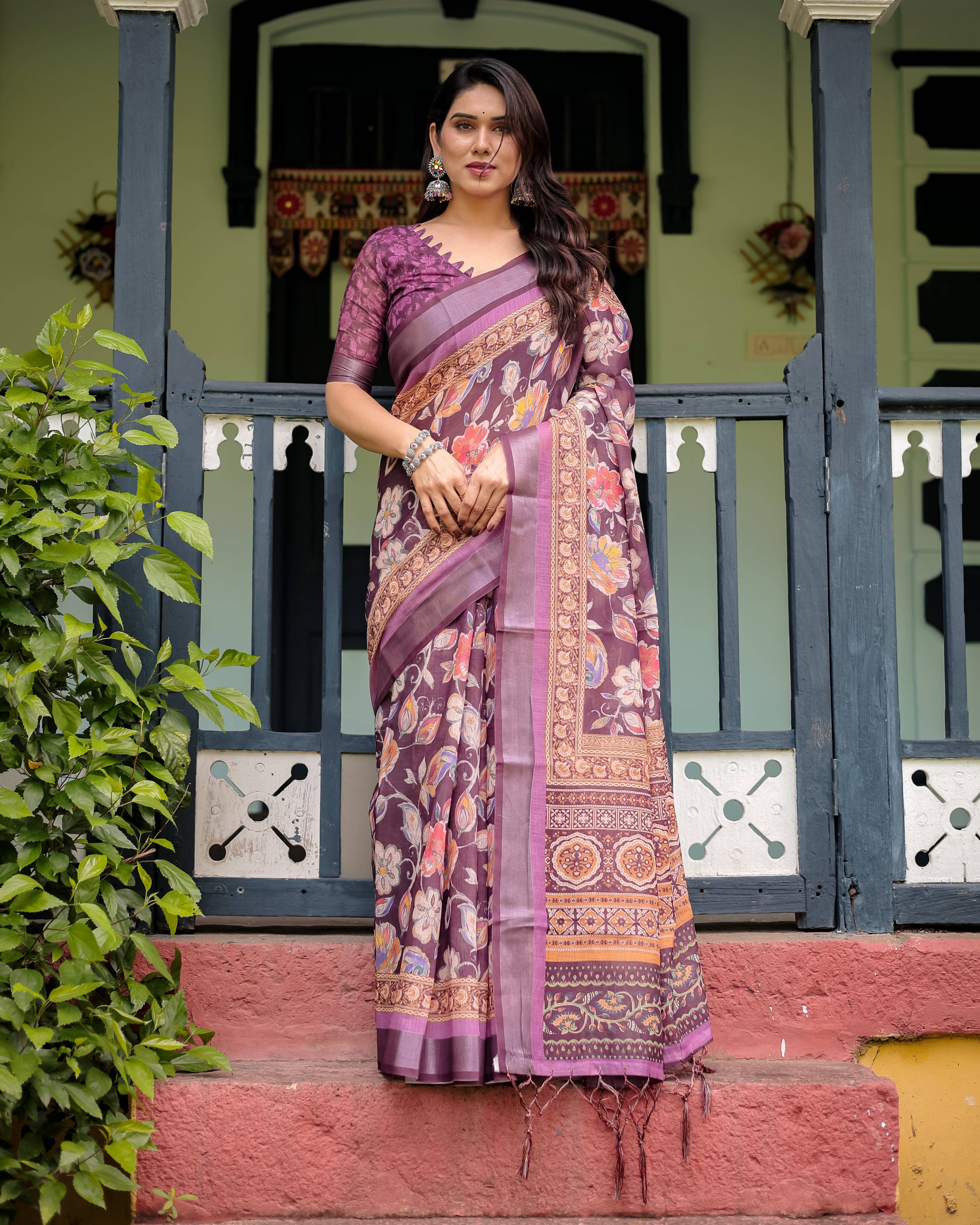     			Bansari Textile Cotton Blend Printed Kanjeevaram Sarees With Unstitched Blouse Piece ( Purple )