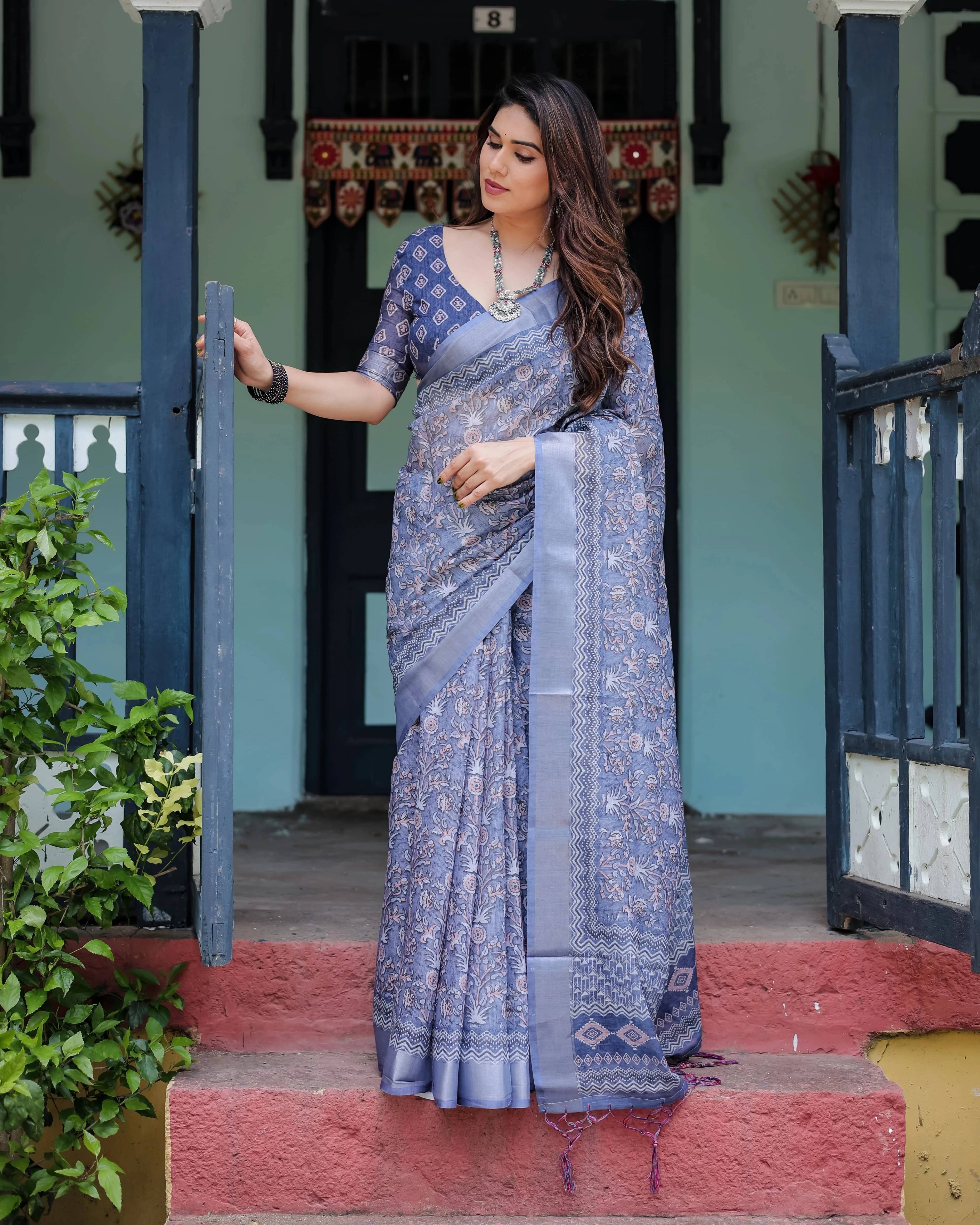     			Bansari Textile Cotton Blend Printed Kanjeevaram Sarees With Unstitched Blouse Piece ( Blue )