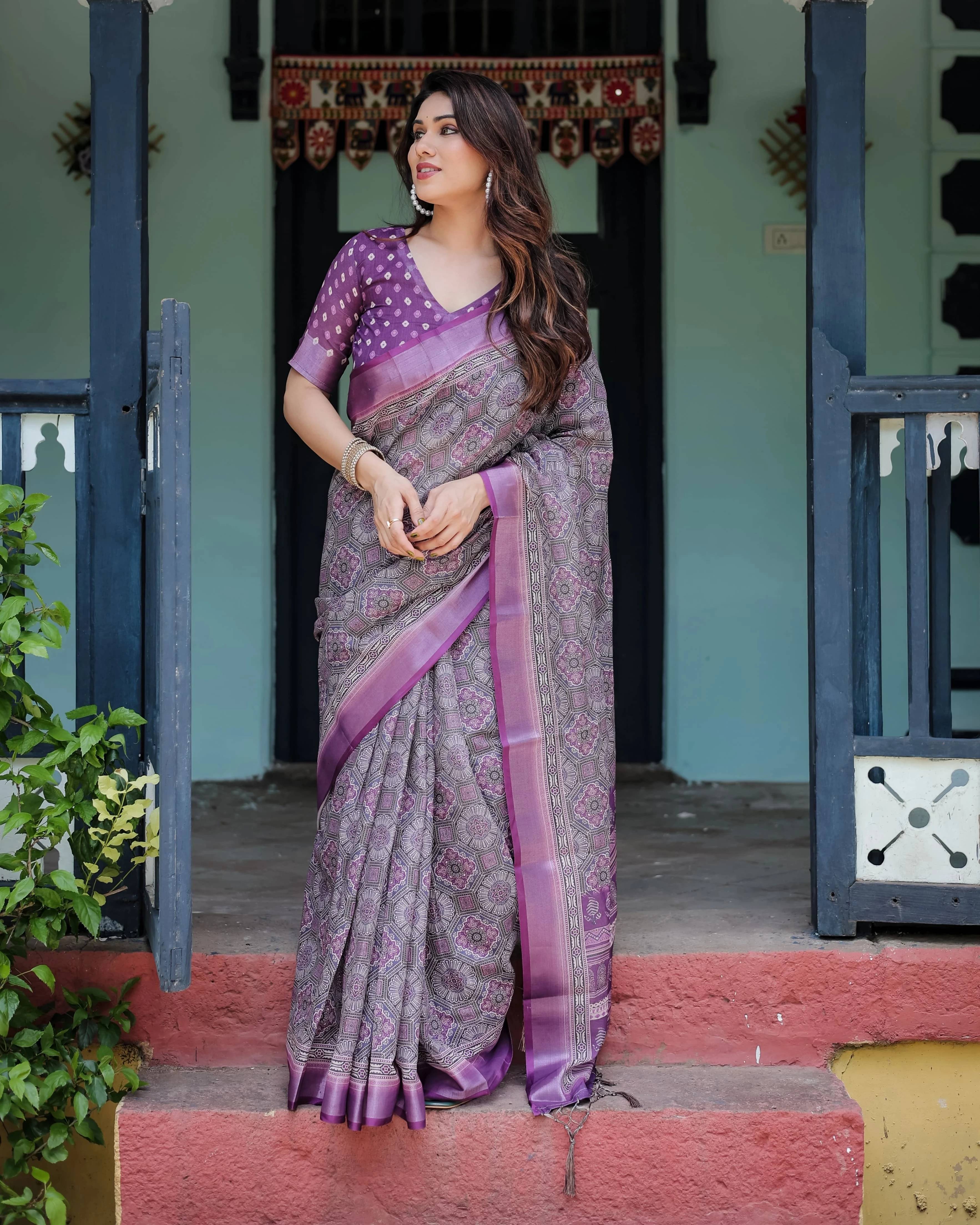     			Bansari Textile Cotton Blend Printed Kanjeevaram Sarees With Unstitched Blouse Piece ( Purple )
