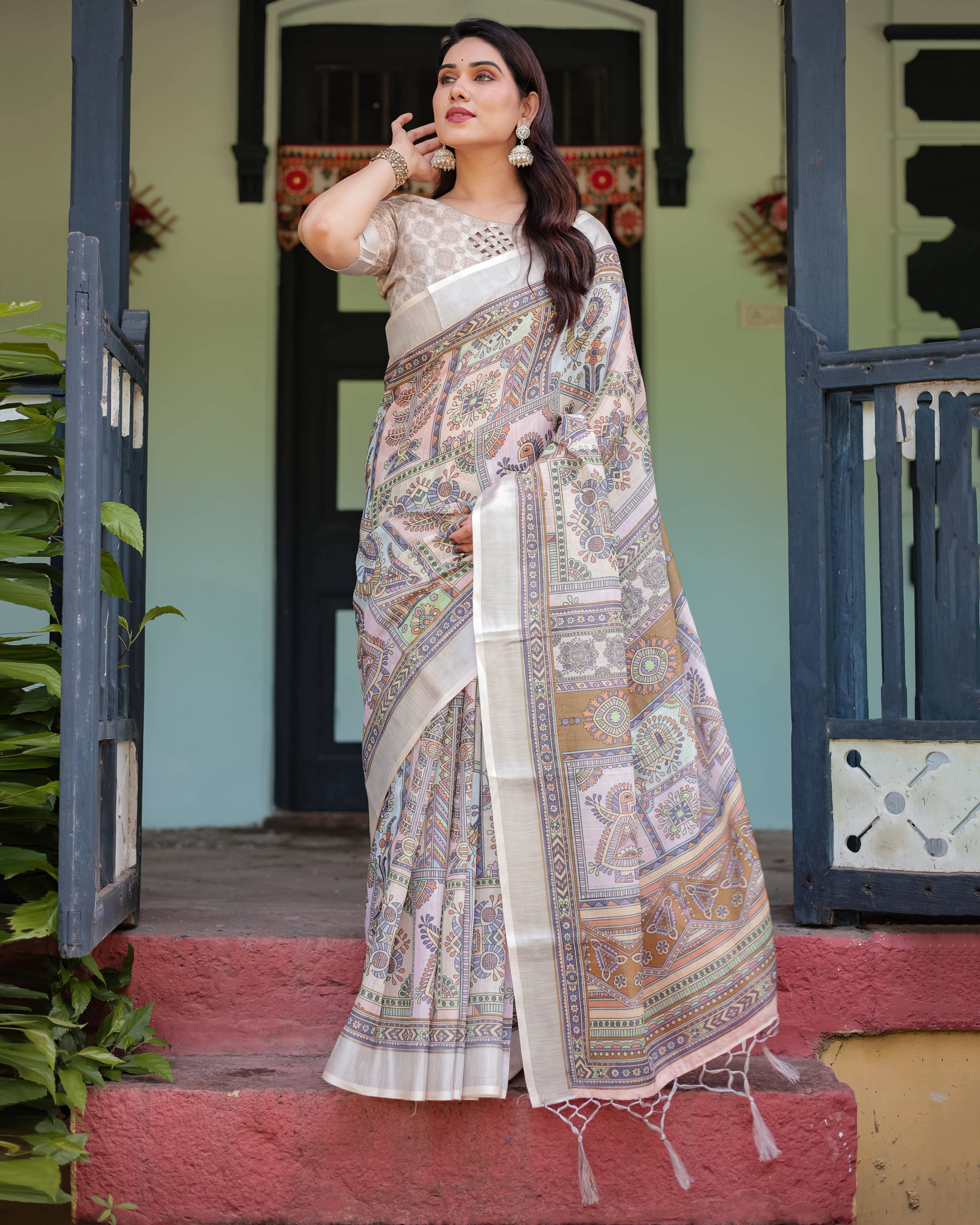     			Bansari Textile Cotton Blend Printed Kanjeevaram Sarees With Unstitched Blouse Piece ( Beige )