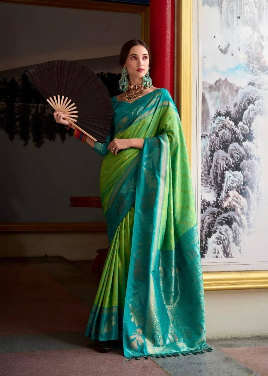 Bansari Textile Cotton Blend Printed Banarasi saree With Unstitched Blouse Piece ( Green ) Bansari Textile Cotton Blend Printed Banarasi saree With Unstitched Blouse Piece ( Green )