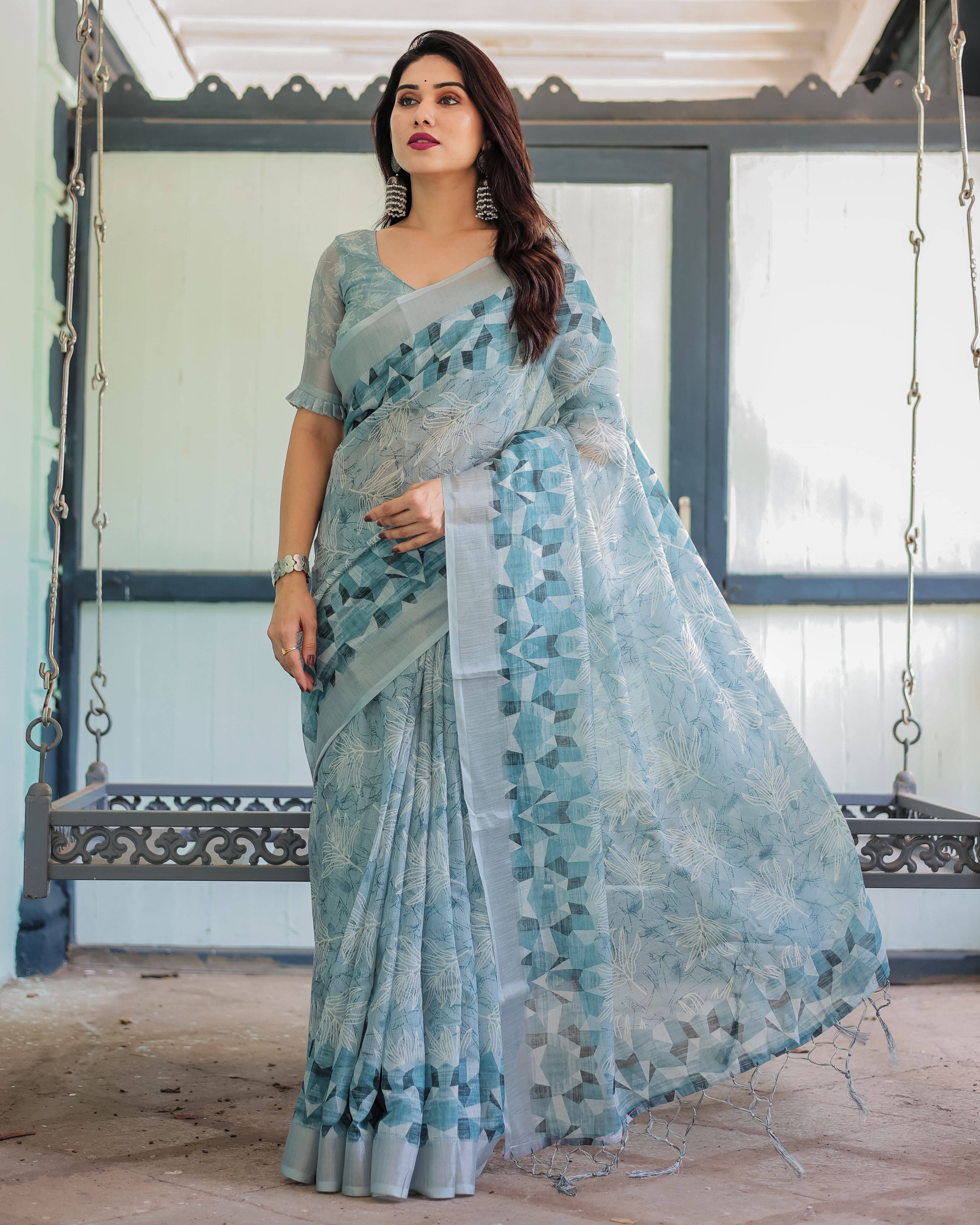 Bansari Textile Cotton Blend Printed Kanjeevaram Sarees With Unstitched Blouse Piece ( Blue ) Bansari Textile Cotton Blend Printed Kanjeevaram Sarees With Unstitched Blouse Piece ( Blue )