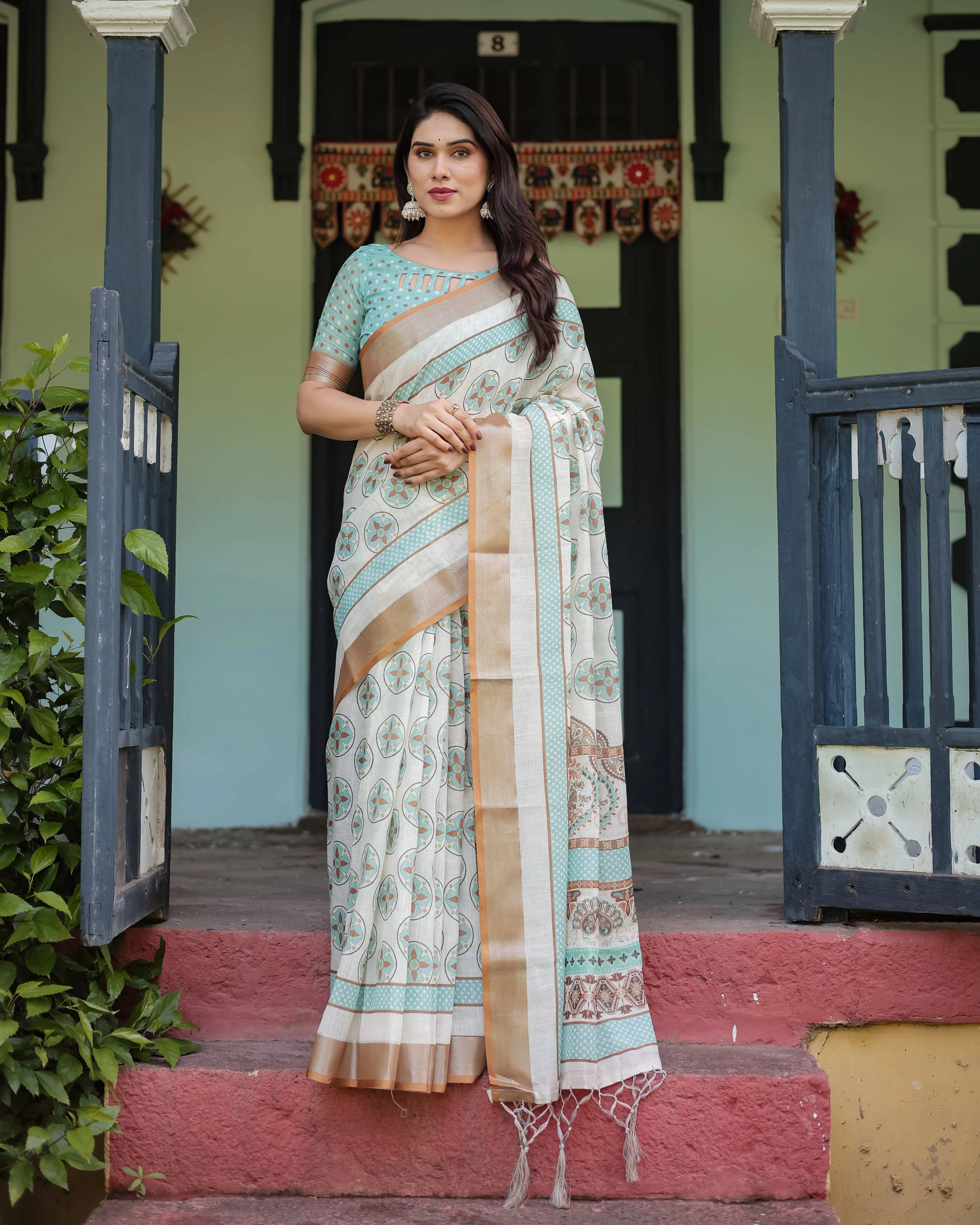 Bansari Textile Cotton Blend Printed Kanjeevaram Sarees With Unstitched Blouse Piece ( White )     			Bansari Textile Cotton Blend Printed Kanjeevaram Sarees With Unstitched Blouse Piece ( White )